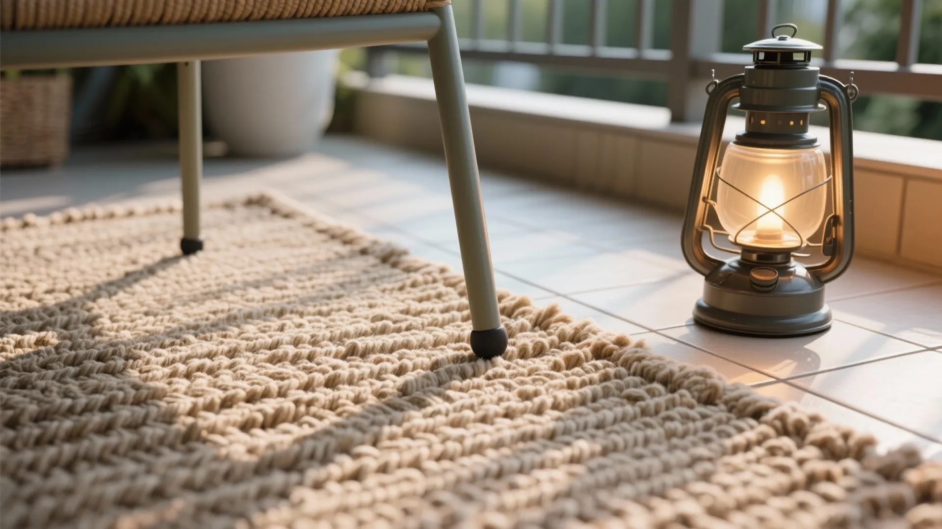 Woven rug on tiled balcony floor with a chair leg and a lit vintage metal lantern