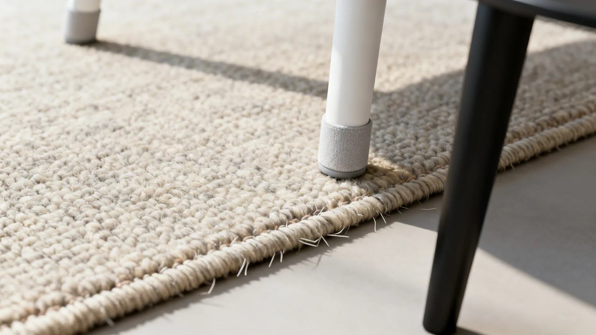 Macro of low-pile rug under a white chair leg near a matte black table leg.