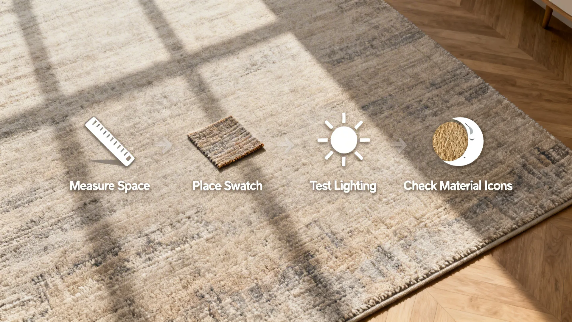 Top-down visual guide showing steps to choose a rug with measuring and material icons