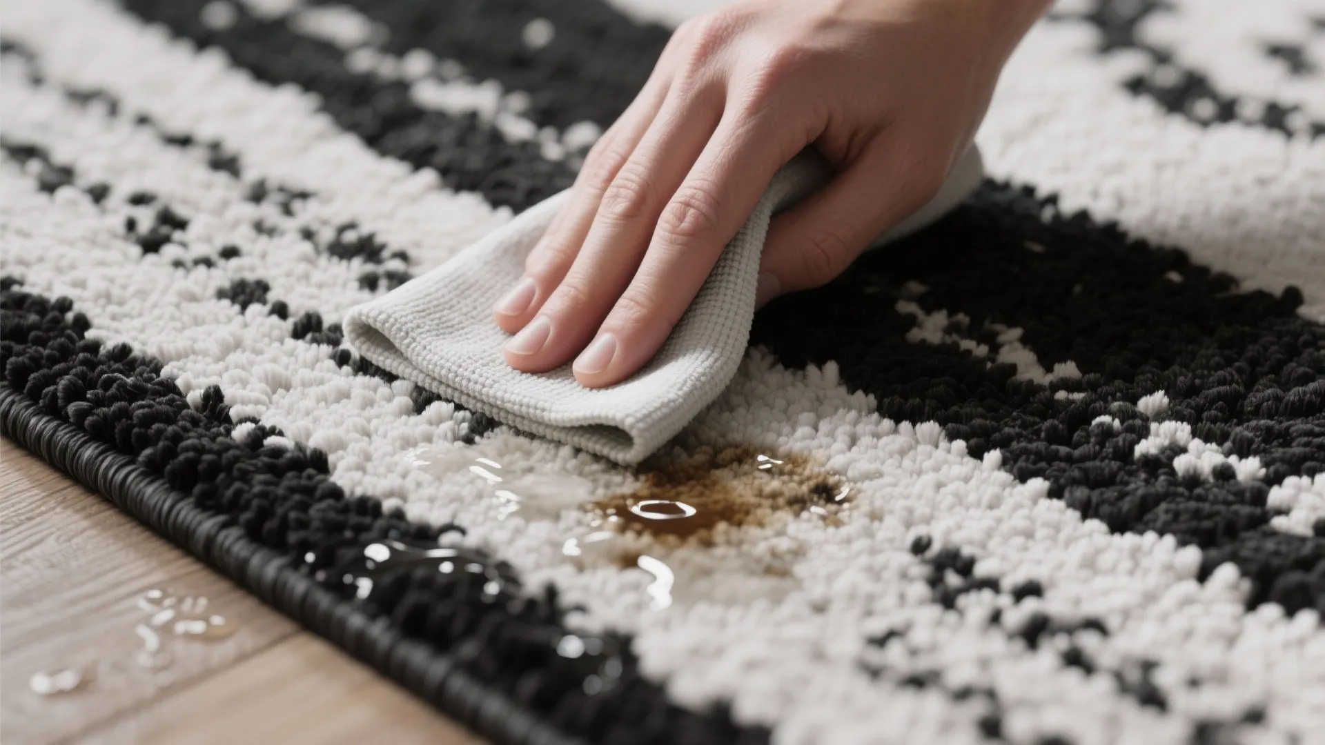 Close up of hand using white cloth to clean a liquid spill on patterned rug
