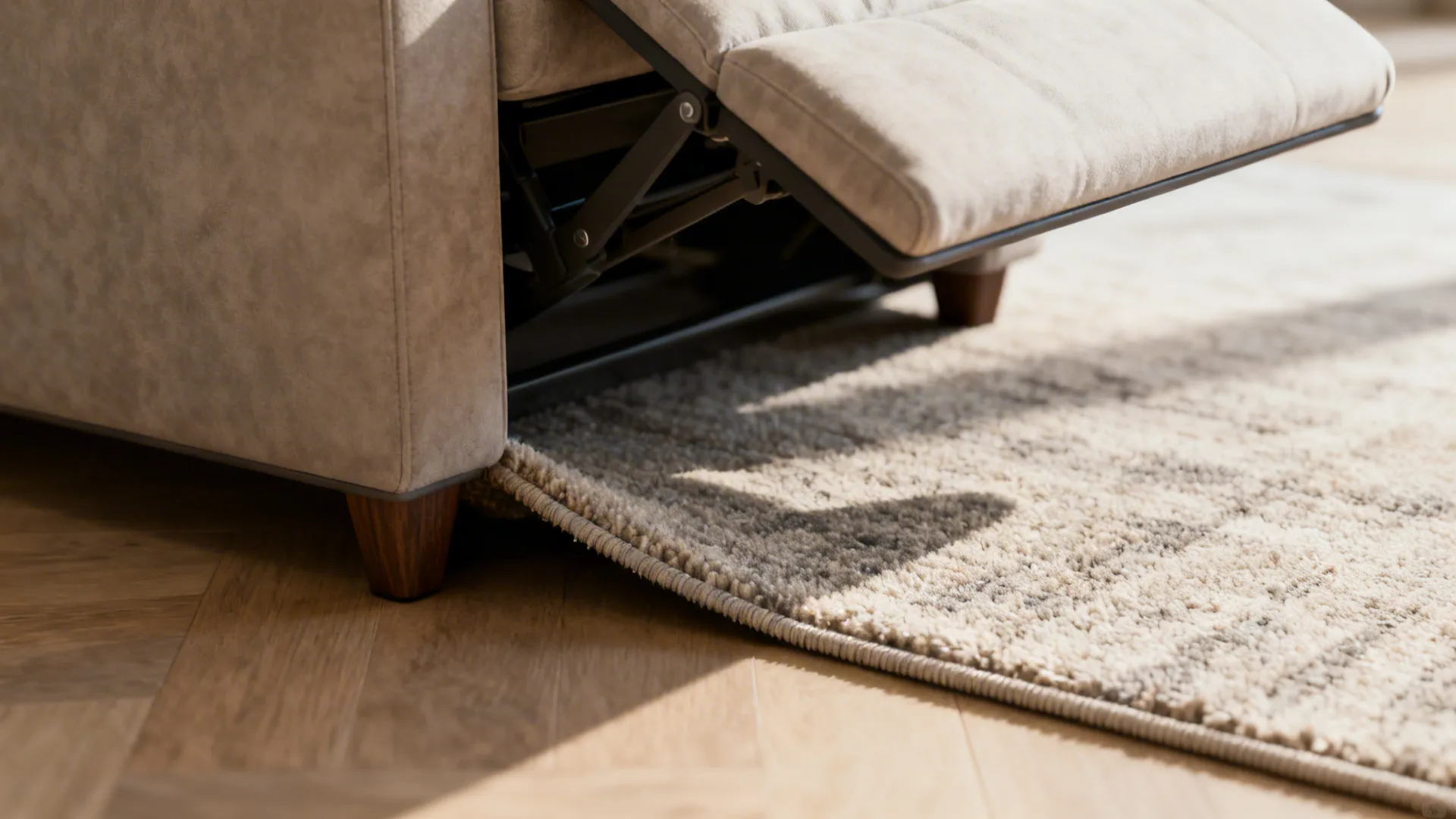 Low-pile rug with front legs of a reclining sofa on the rug and footrest able to extend freely