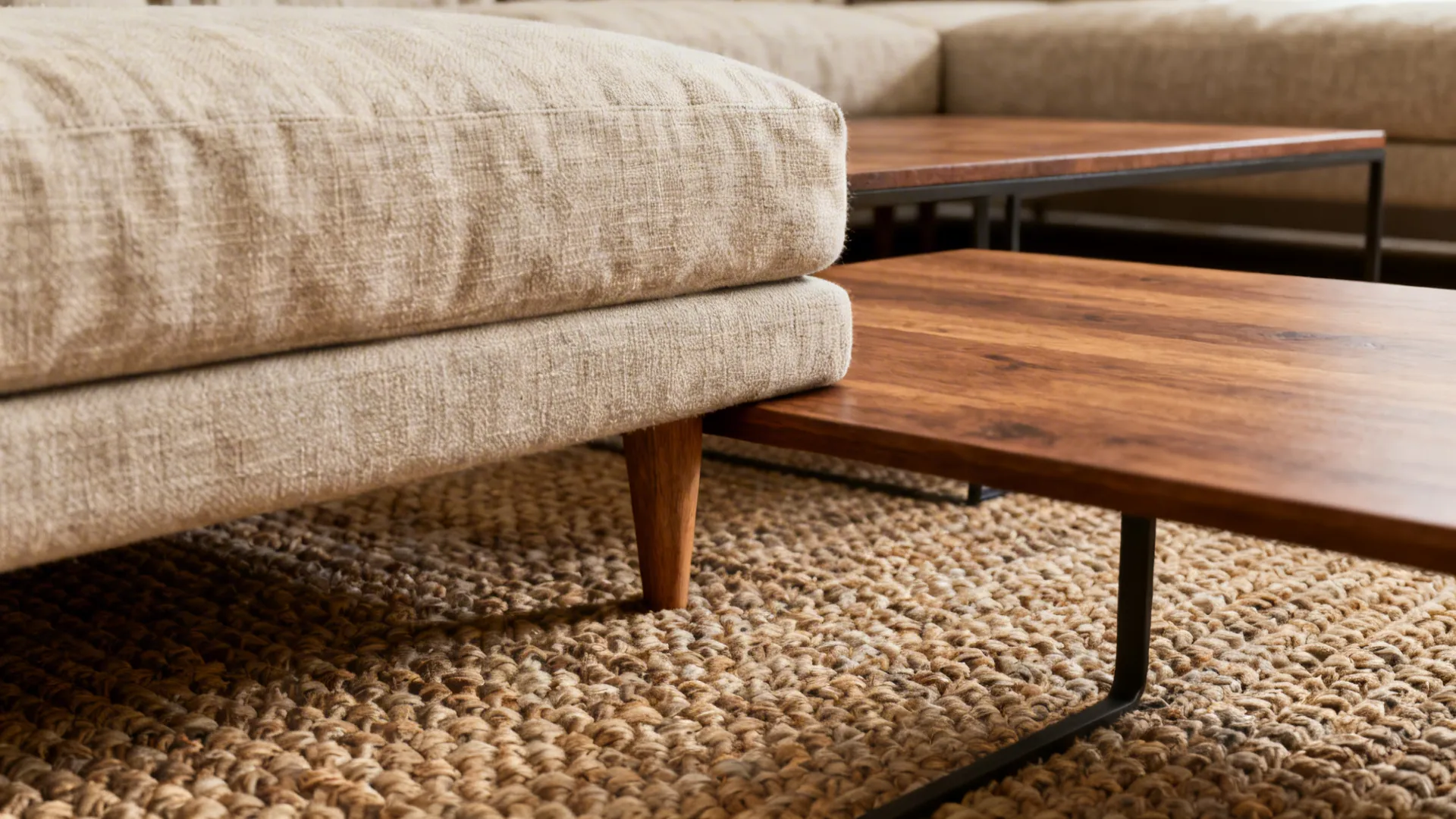 Low coffee table on a textured rug with the sectional's front legs anchoring the seating area.