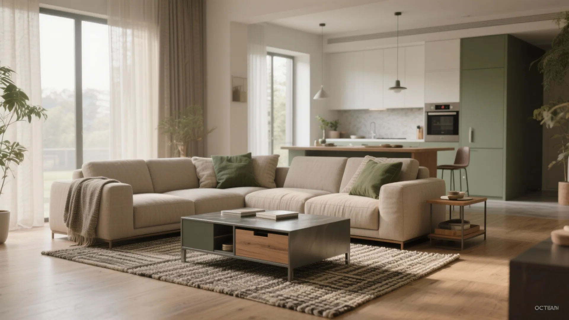 Modern living room with beige sofa green cushions patterned rug coffee table and open kitchen