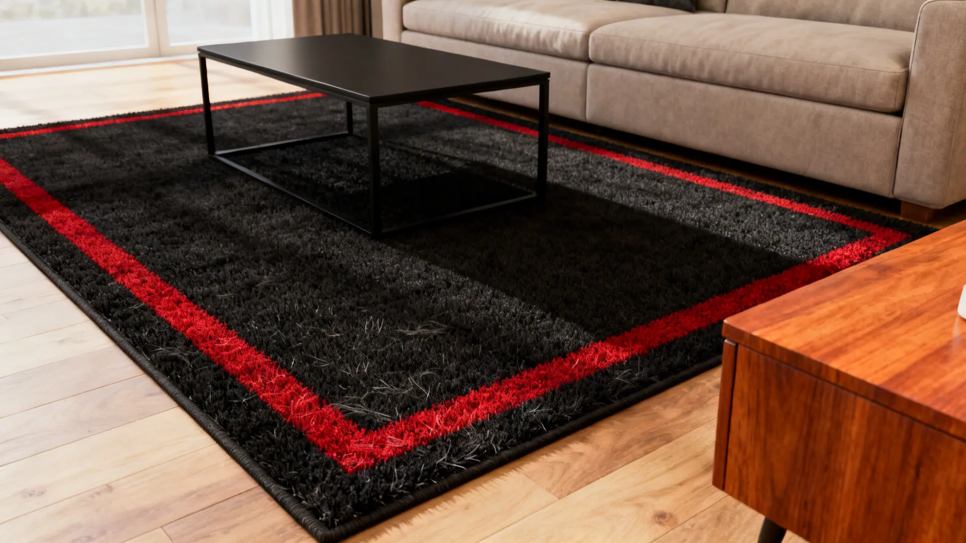 Seating area with a black rug featuring red accents and a simple black coffee table