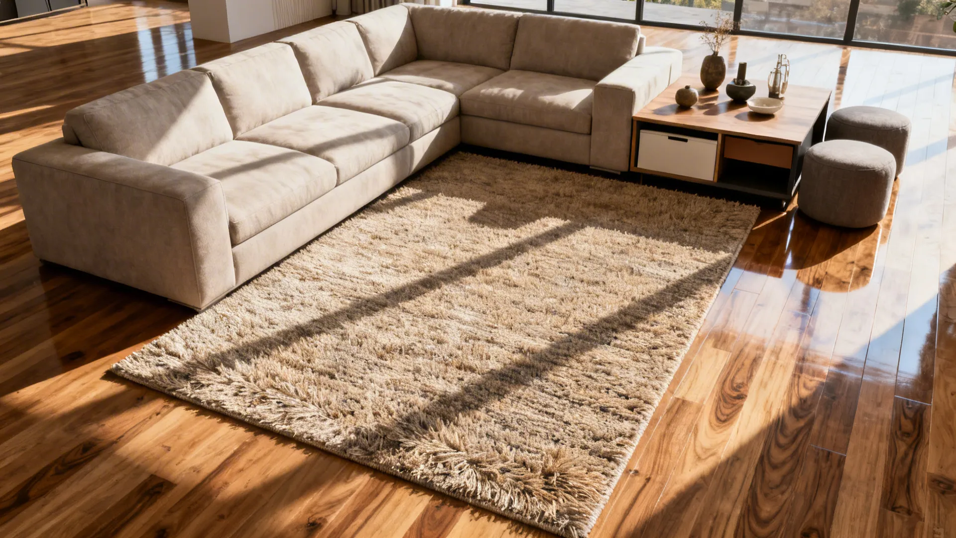Large l-shaped beige sofa with shaggy rug wooden coffee table and gray footrests on floor