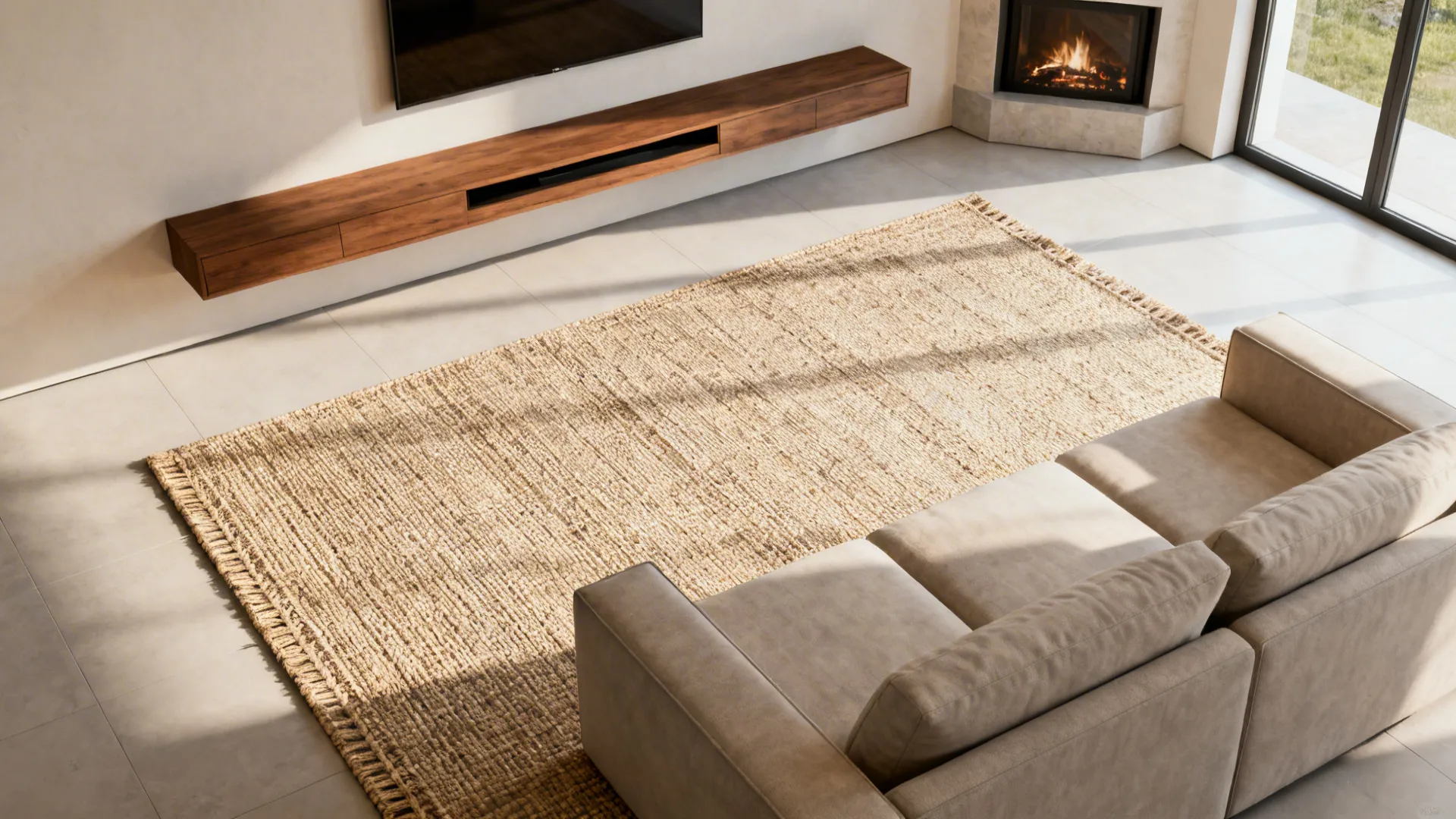 Rug and low-profile media console defining seating area with corner fireplace in background