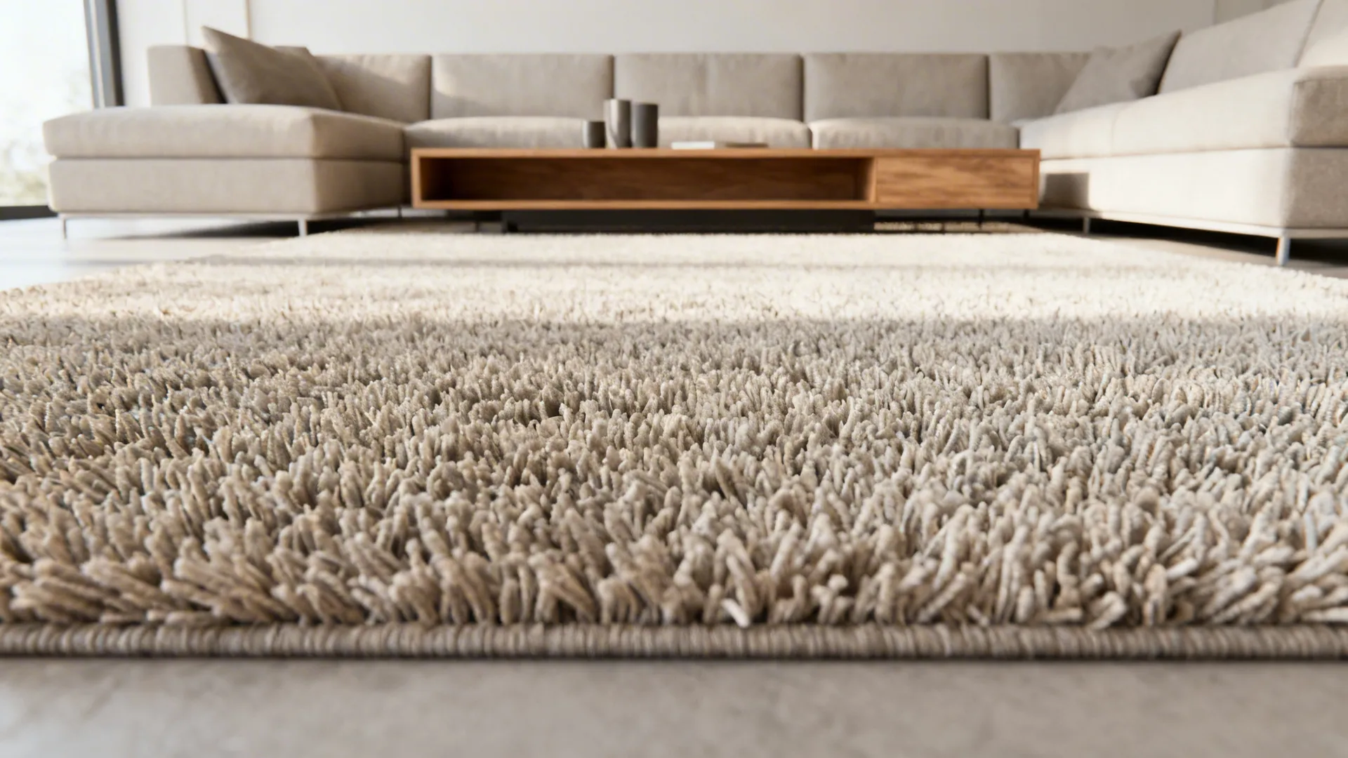 Sectional sofa anchored by a mid-size rug with a low console behind it, maintaining open sightlines.