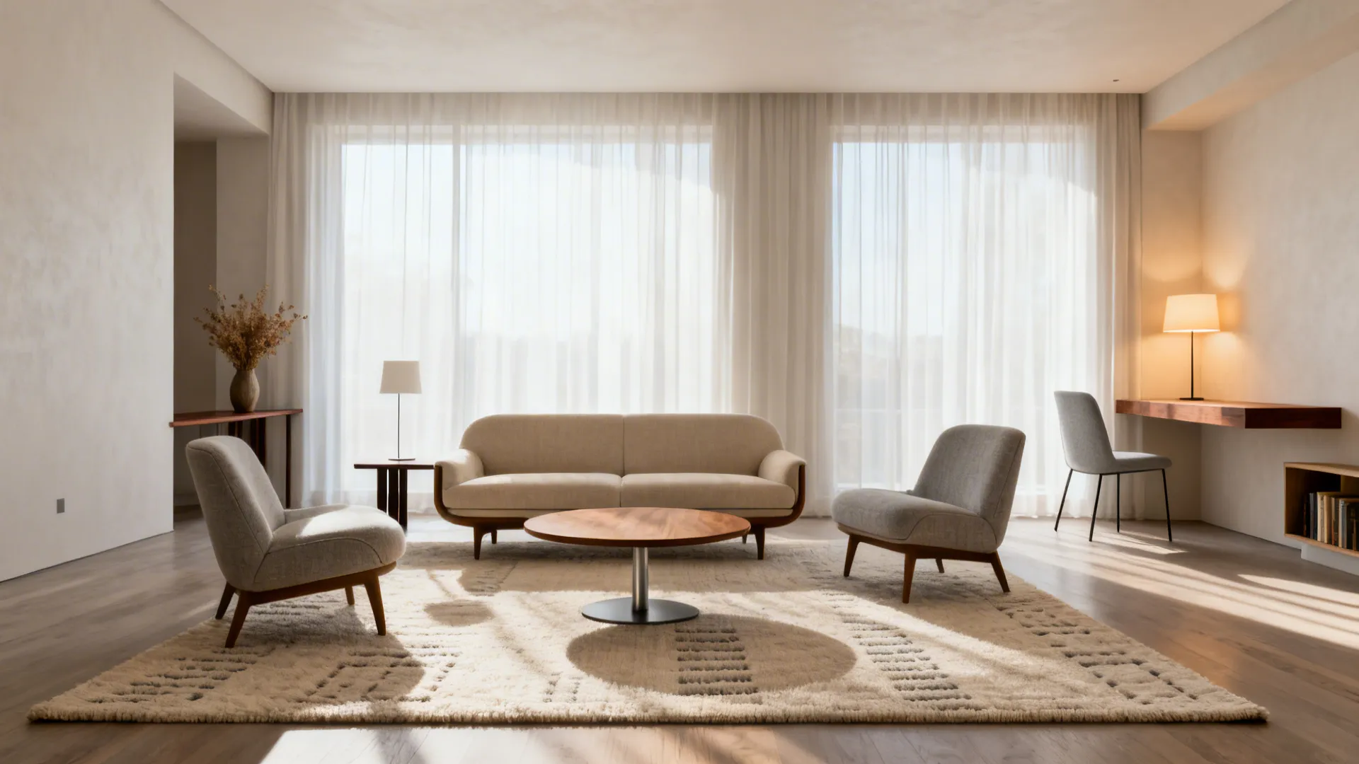 Bright living room with beige sofa grey chairs round wood table large rug and white curtains