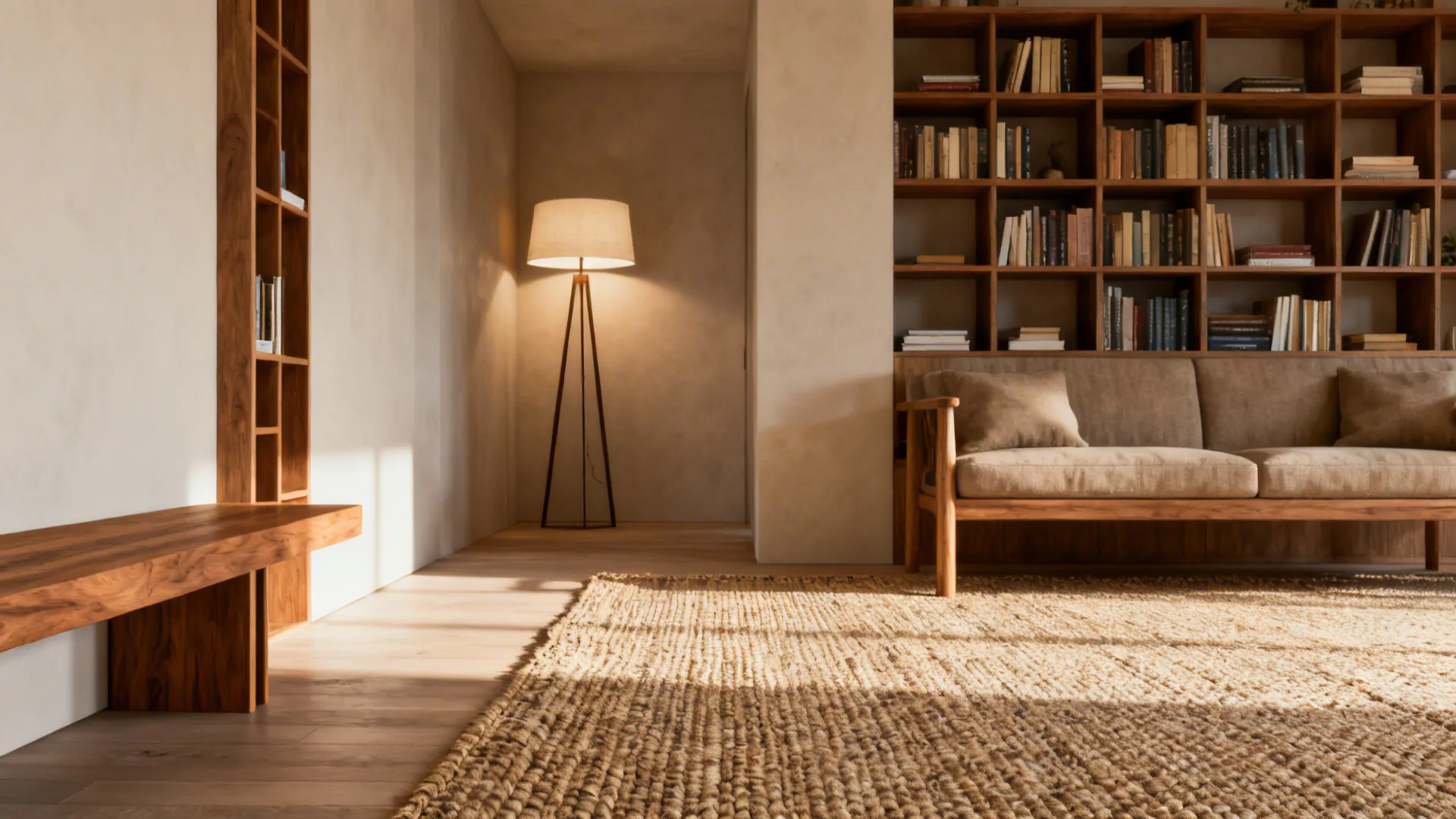 Rug anchoring seating and a slim console defining a reading nook with clear walking path.