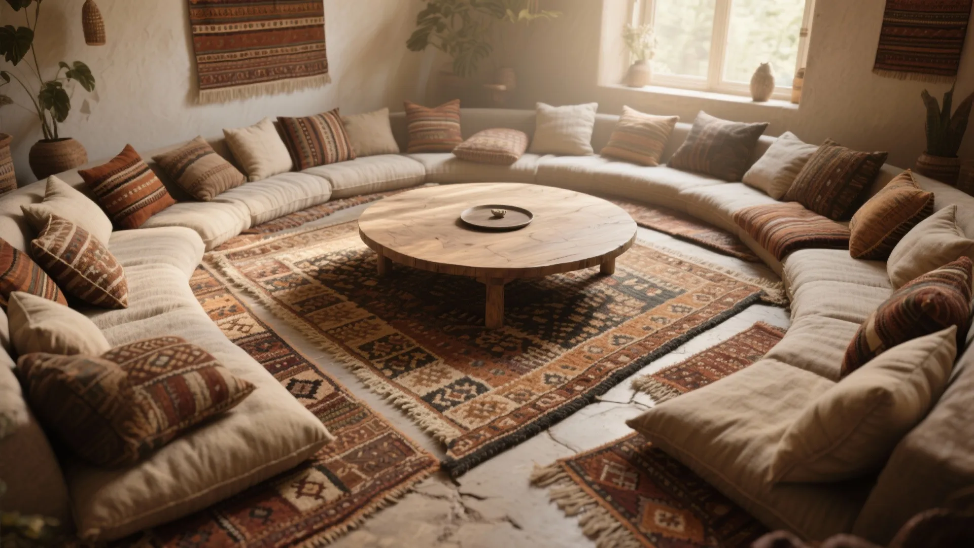 Conversation pit defined by layered rugs, bolsters, and a low table in a modern living room