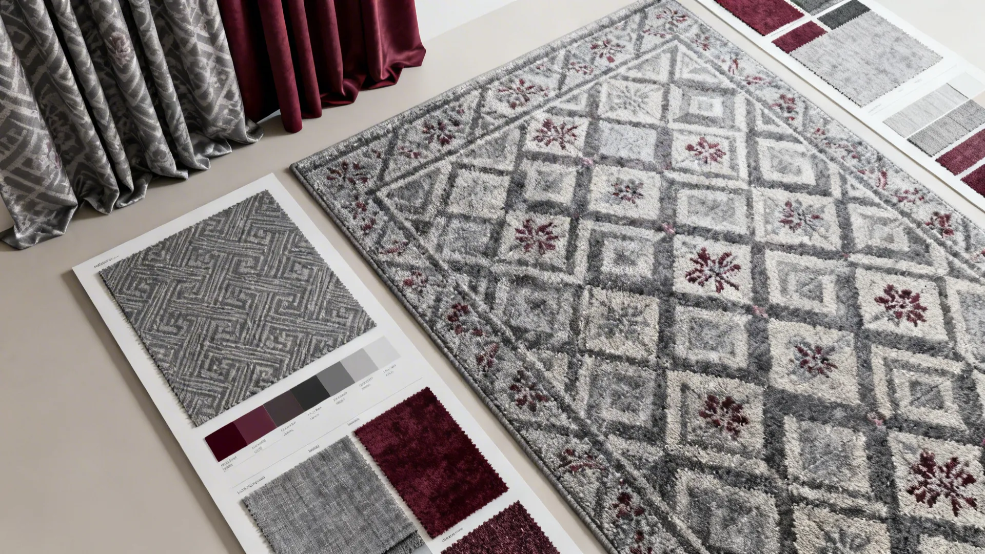 Top-down flatlay of rug and curtain swatches in grey and burgundy patterns