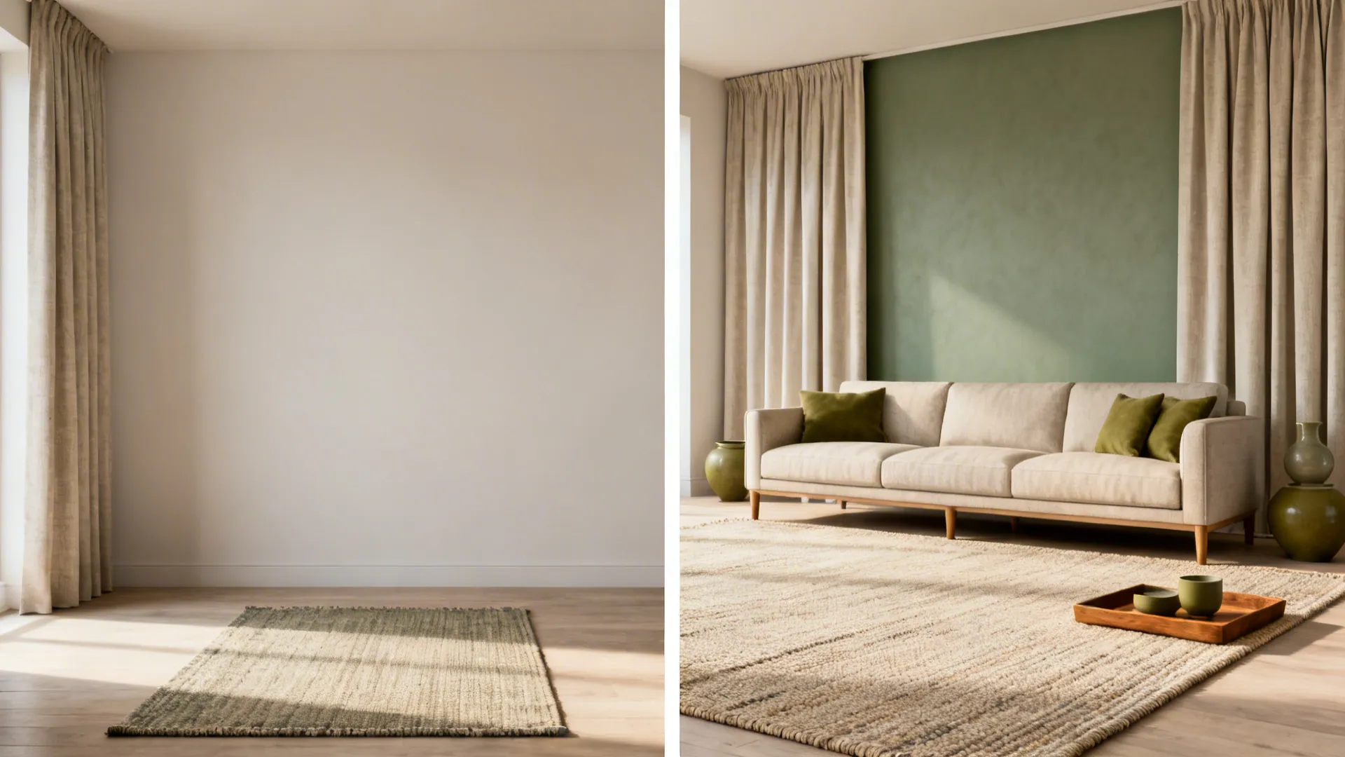 Before-and-after of a drawing room showing larger rug, full-height curtains, and a sage focal wall.