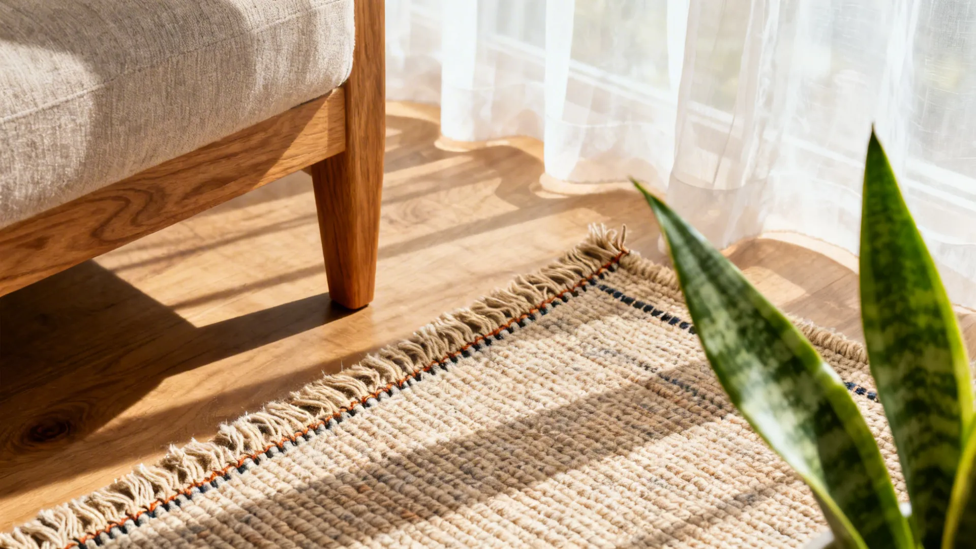 Macro of a dhurrie rug edge, wooden sofa leg, and sheer curtain with a snake plant leaf.