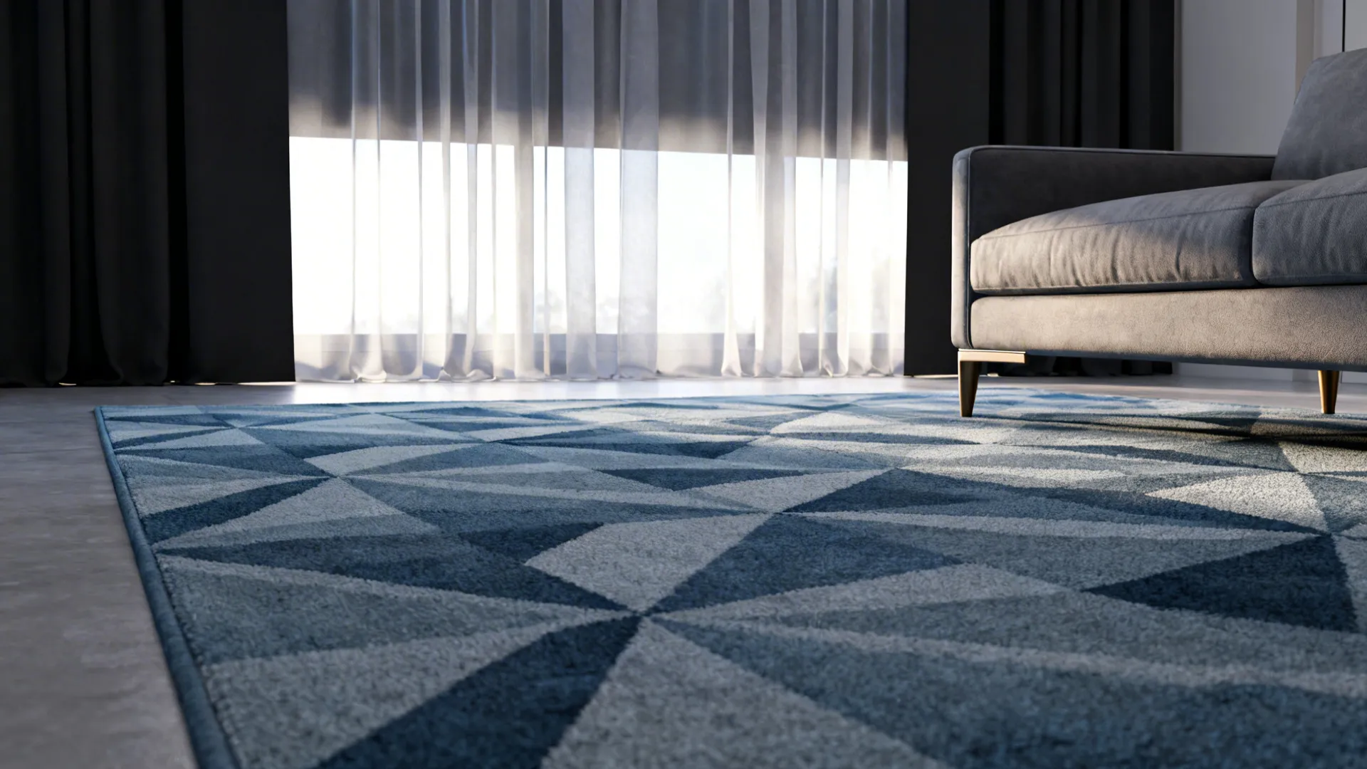 Seating area anchored by a blue-grey patterned rug with layered sheer and blackout curtains