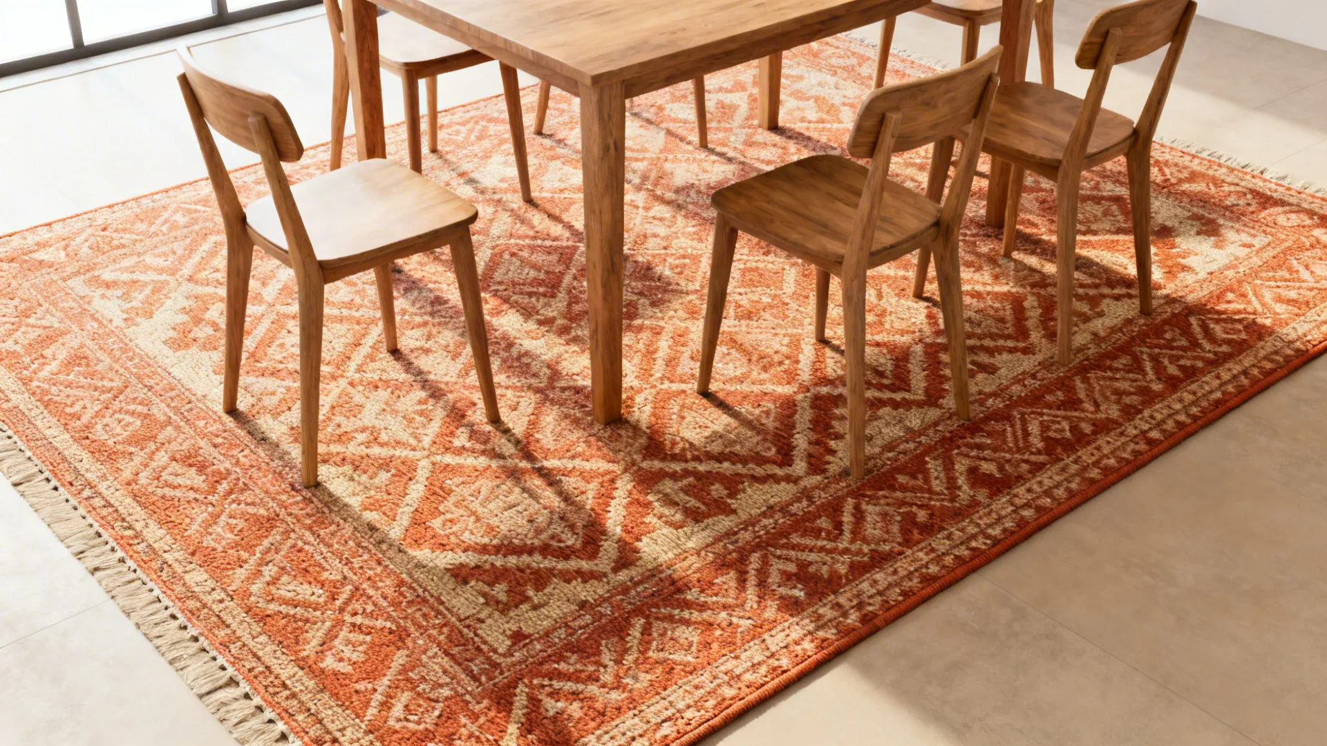Dining table centered on a large patterned rug showing proper rug sizing and warm tones.