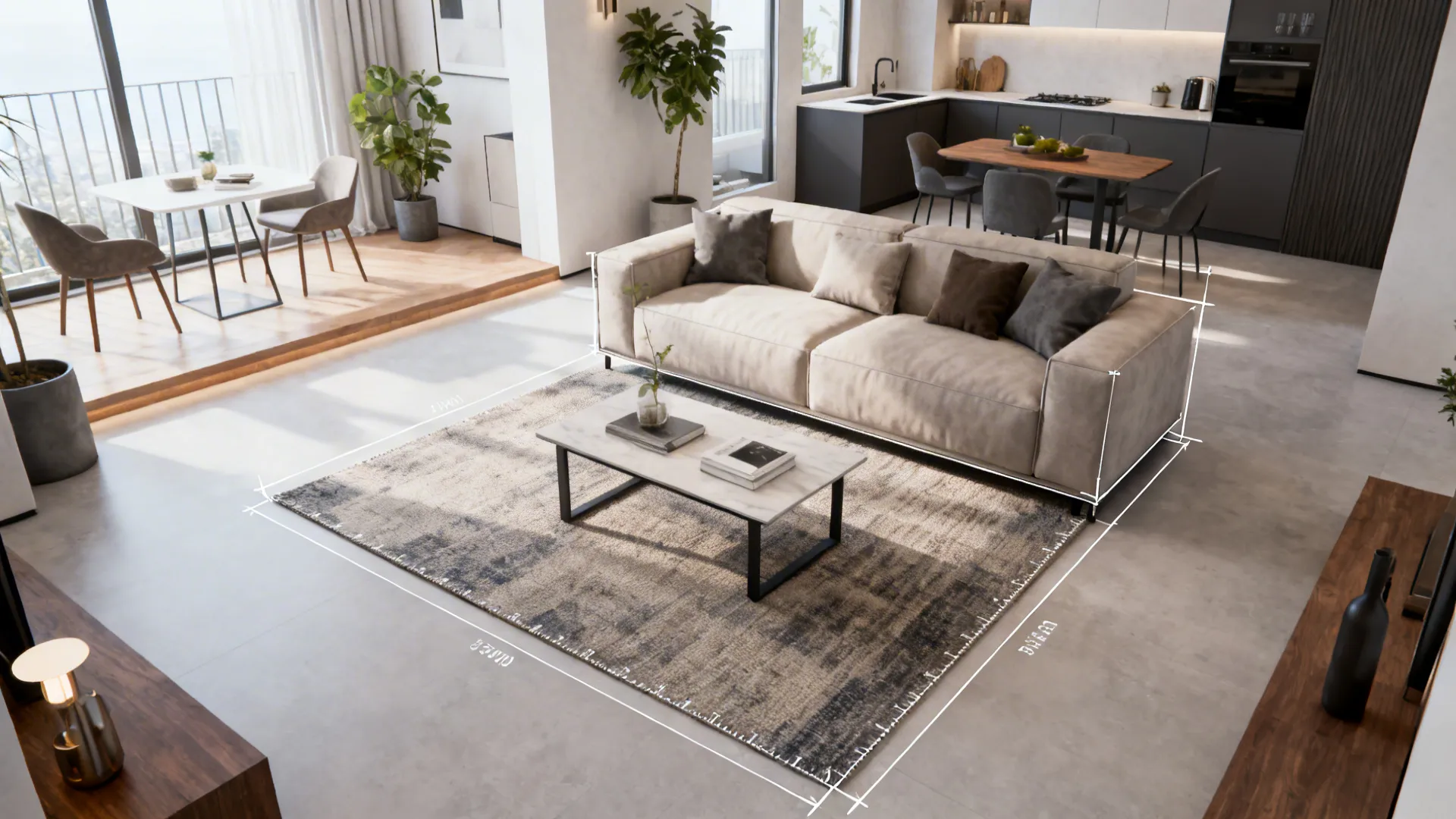 Mid-sized rug under sofa front legs defining a clear seating zone in a small living studio.