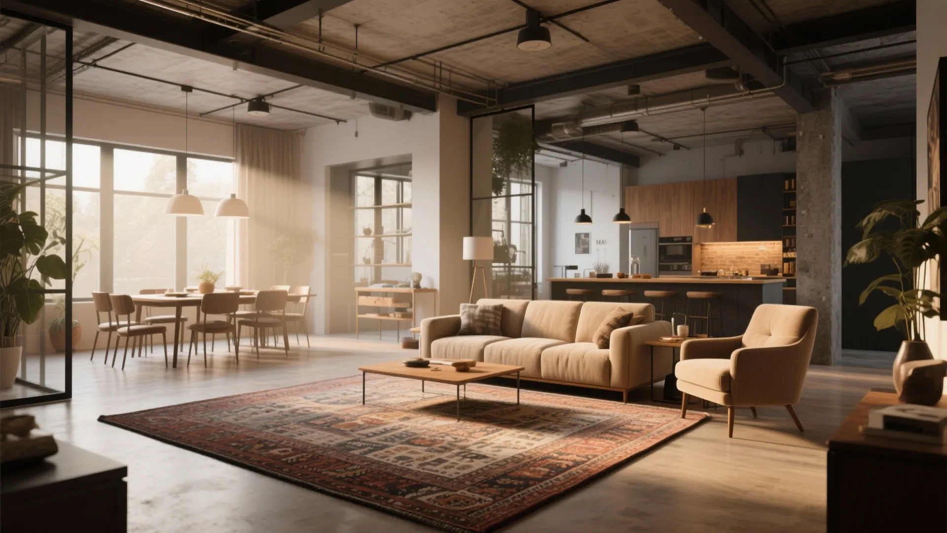 Industrial living room featuring patterned rug beige sofa wooden dining table and large windows with sunlight