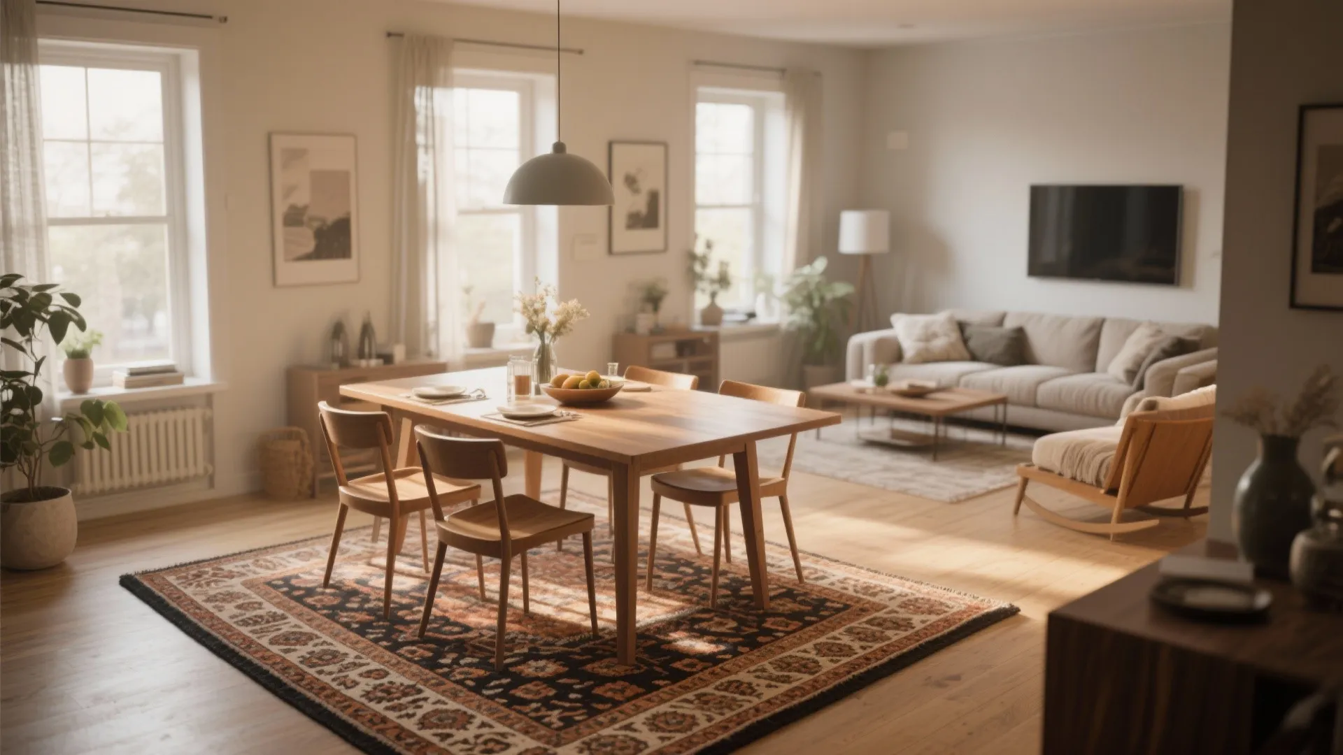 Modern open dining area with wooden table over patterned rug beside a bright living room