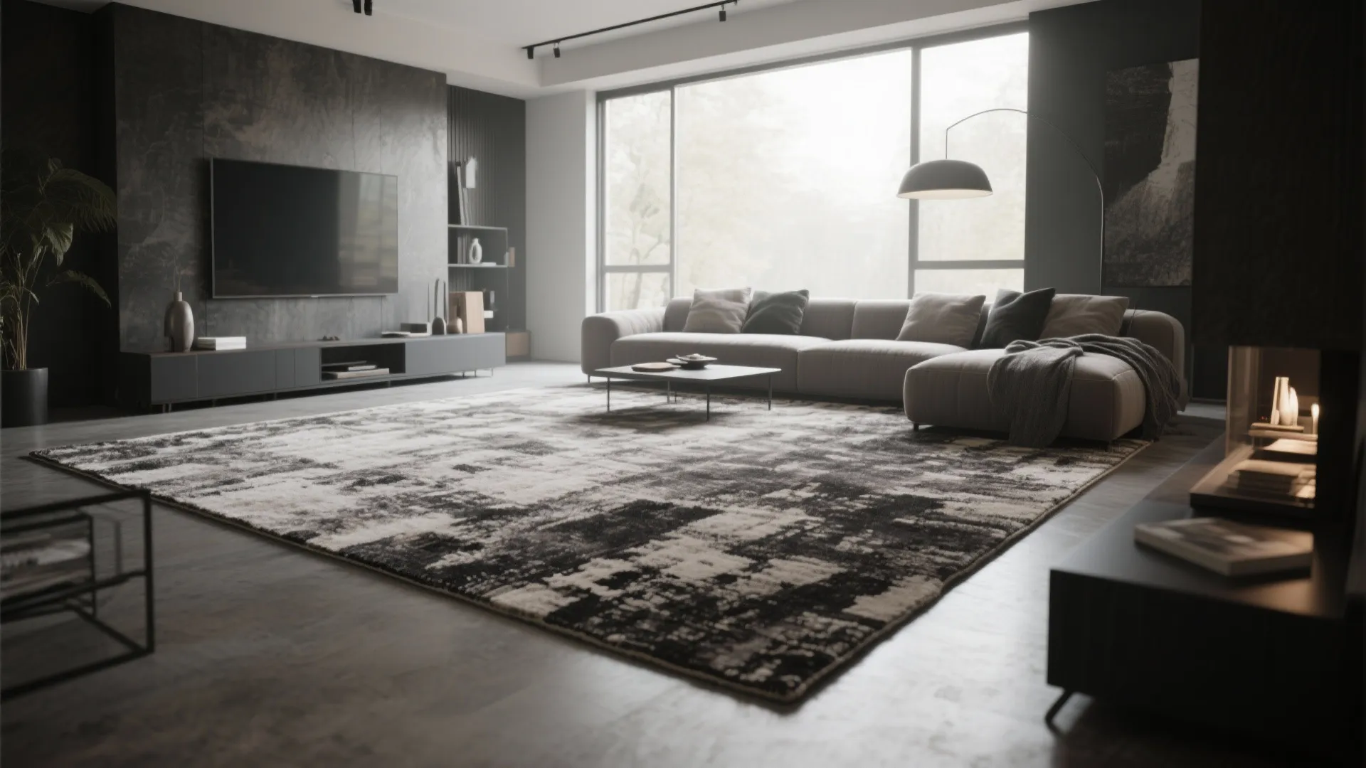 Spacious living room with large grey sofa black television wall panel and patterned area rug floor