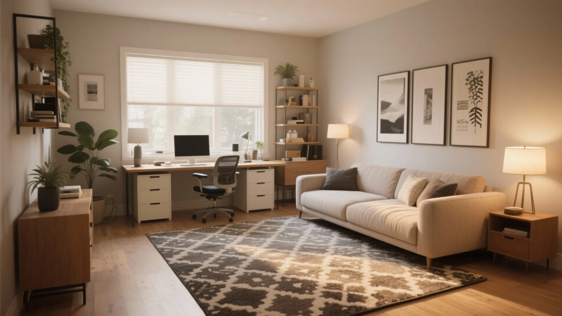 Rug visually separates desk area from sleeper sofa