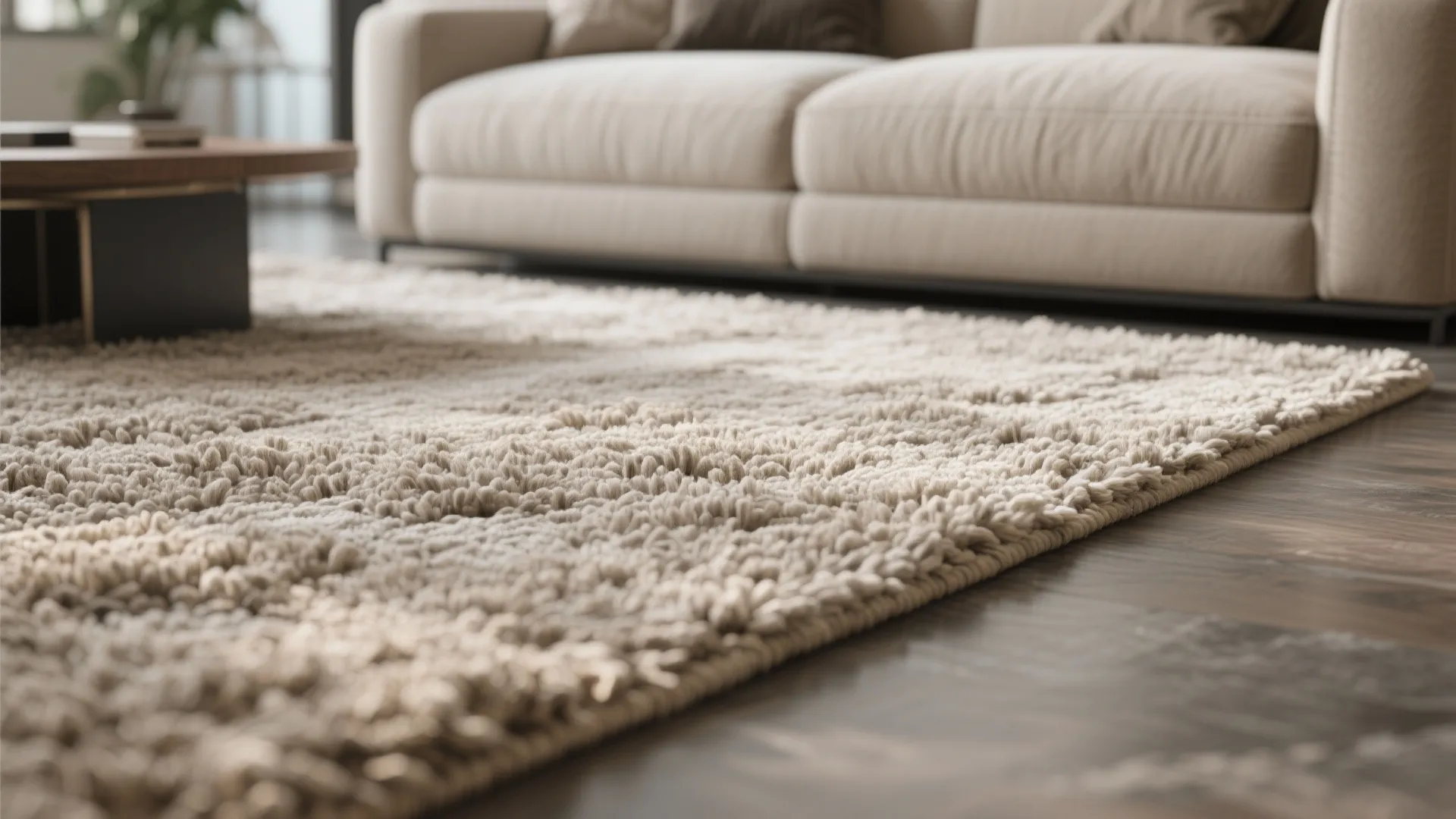 Close-up of a neutral rug defining seating area
