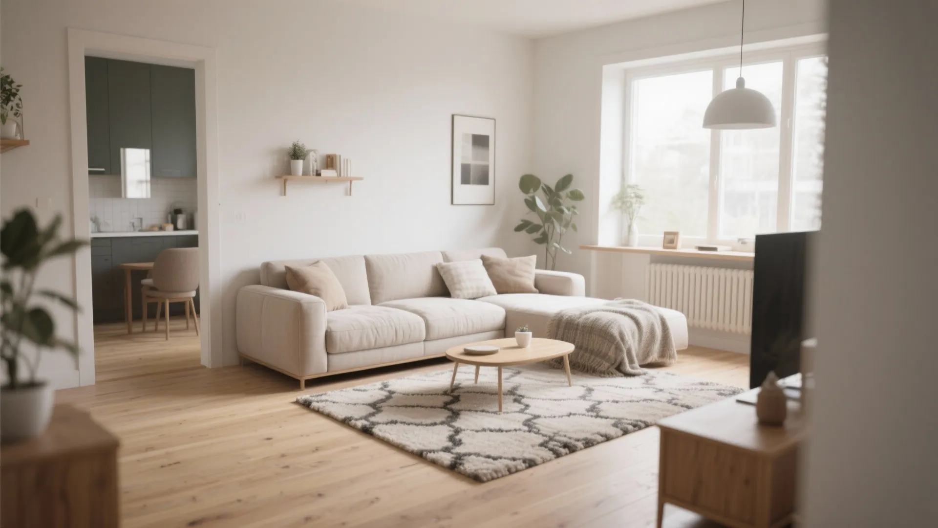 Bright open living space with cream sofa coffee table and patterned rug defining the zone