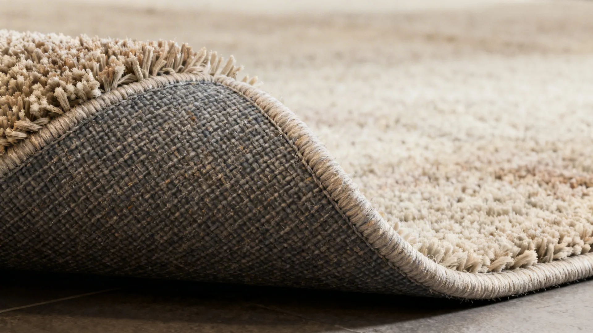 Close-up of stain-resistant rug fibers and washable pad under a 12x14 rug edge