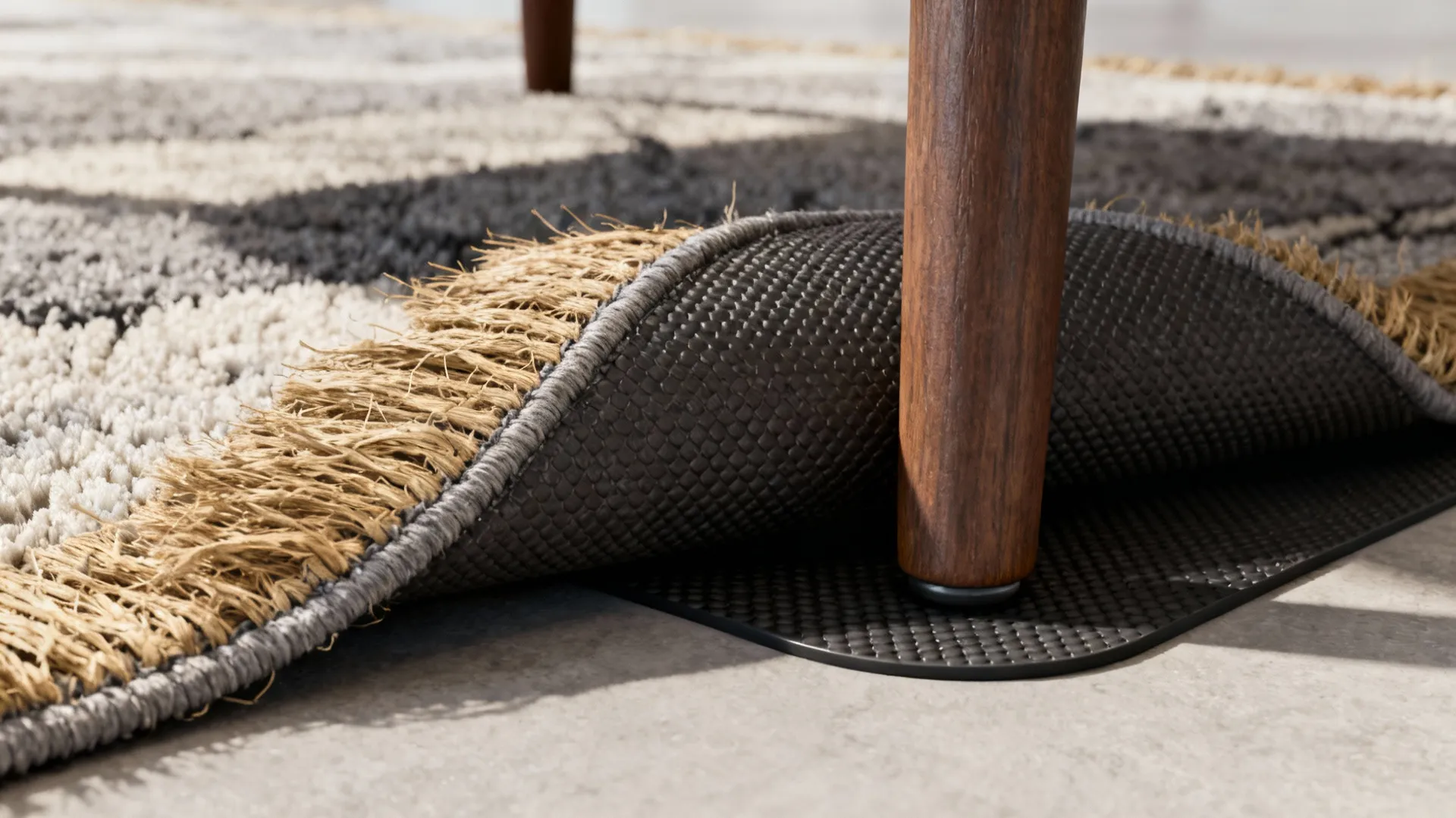 Close-up of rug edge, anti-slip pad and chair leg showing material and scale
