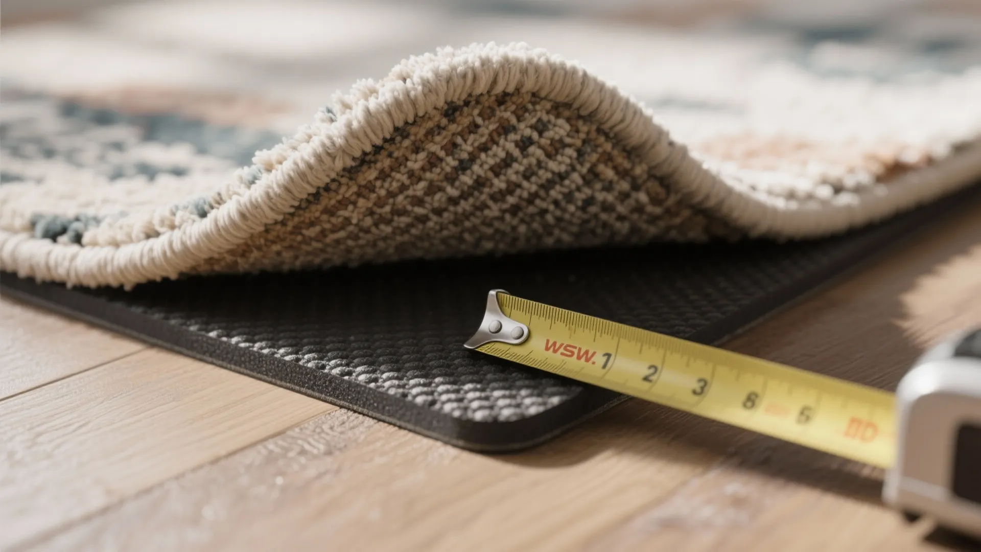 Close up of yellow measuring tape checking the thickness of patterned rug on wooden floor