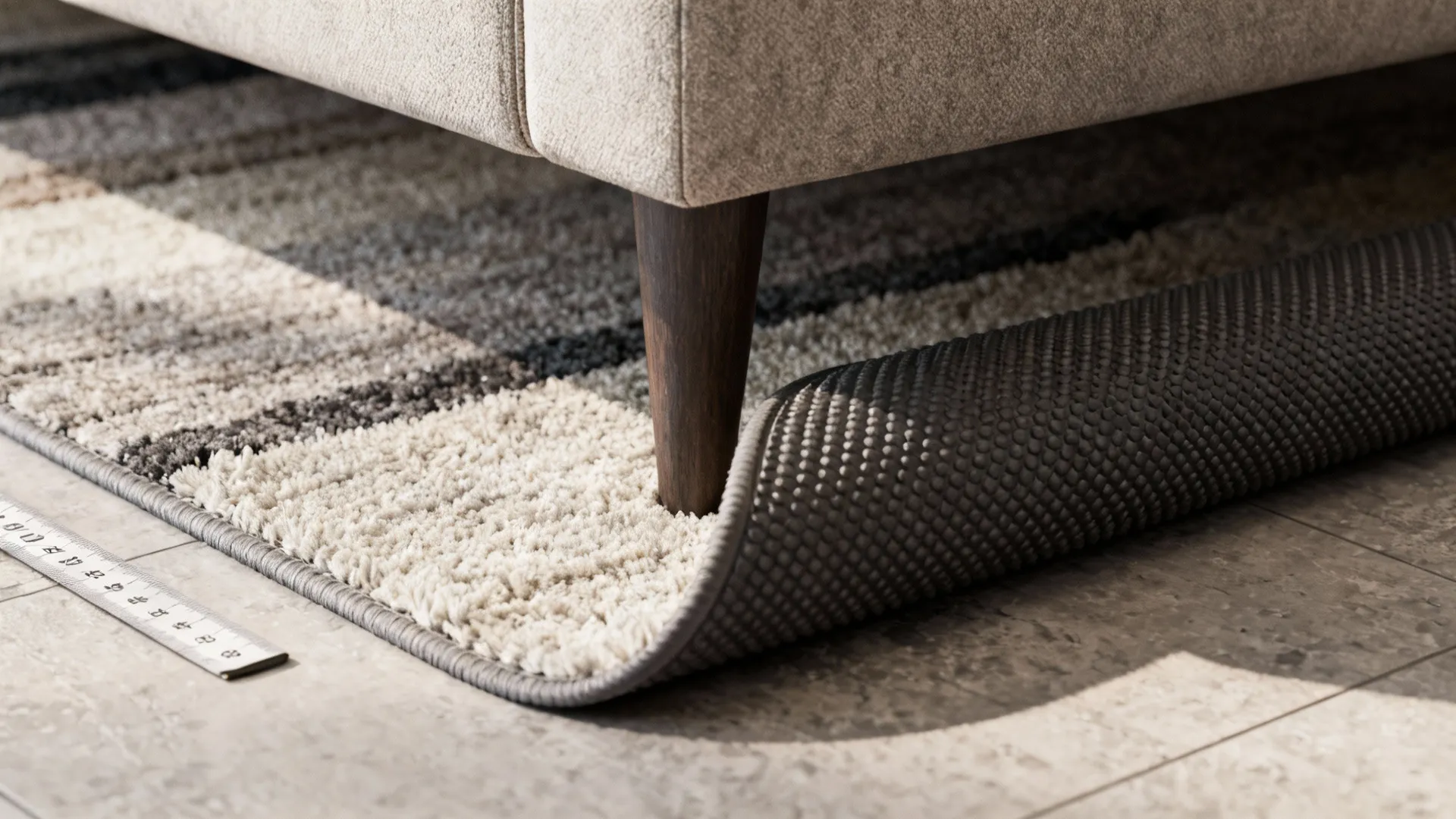 Close-up of rug edge, non-slip pad, and sofa leg positioning with a measuring tape cue.