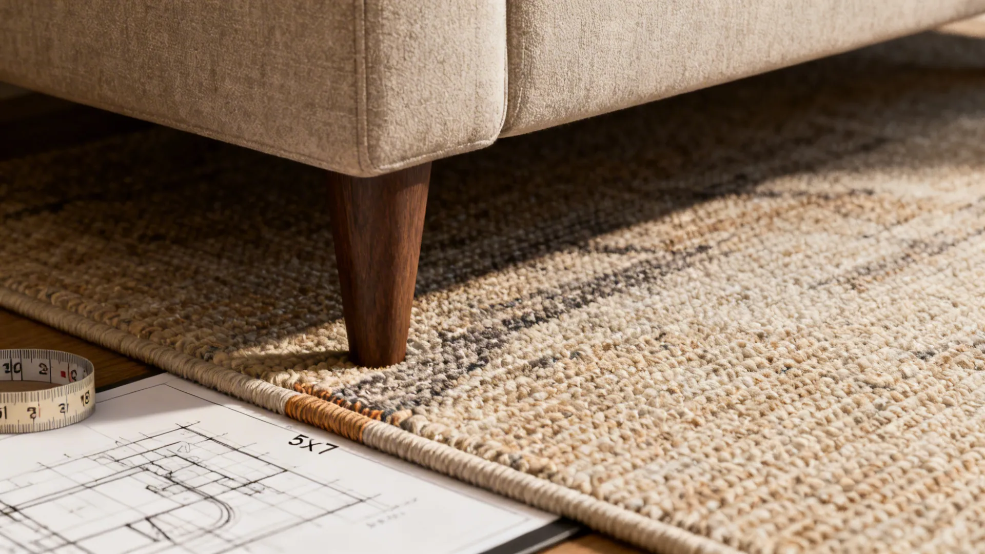 Wooden sofa leg on textured rug with measuring tape and interior design room layout drawing