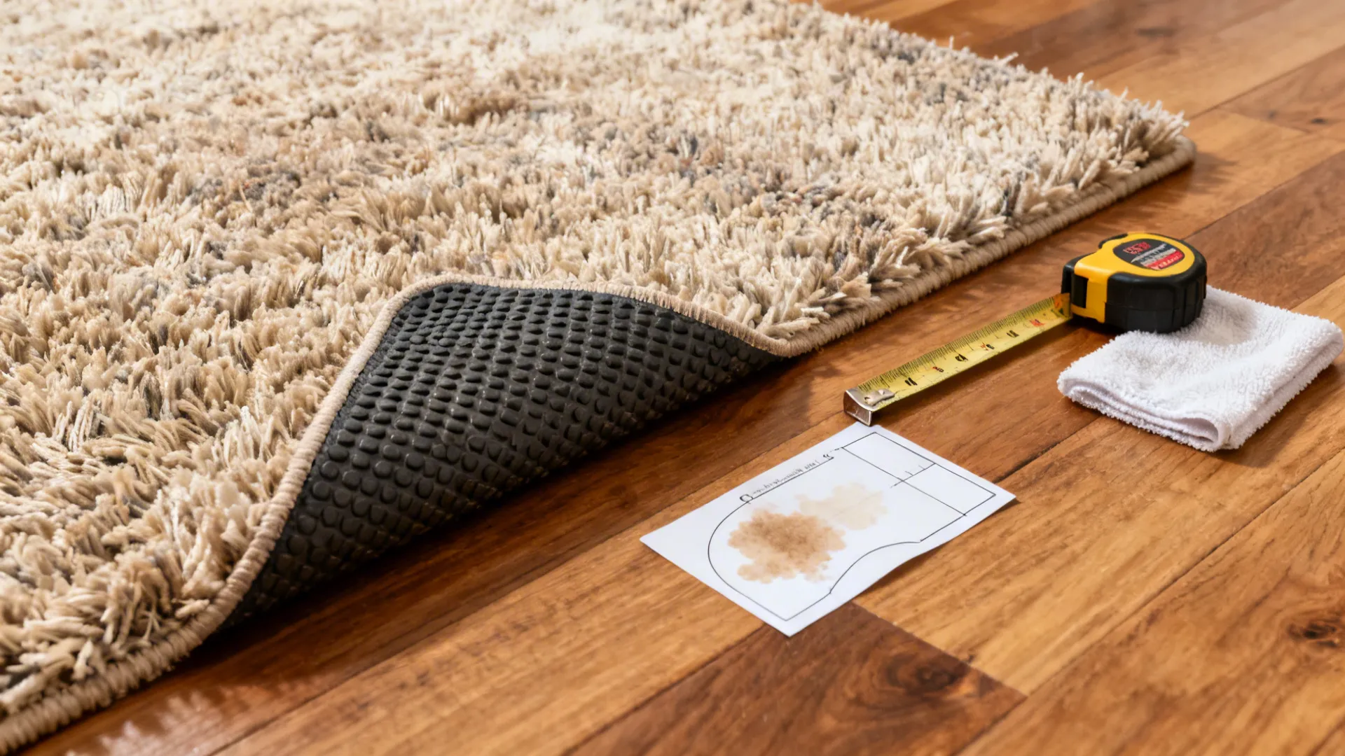 Beige shag rug showing non slip backing next to yellow measuring tape and white towel