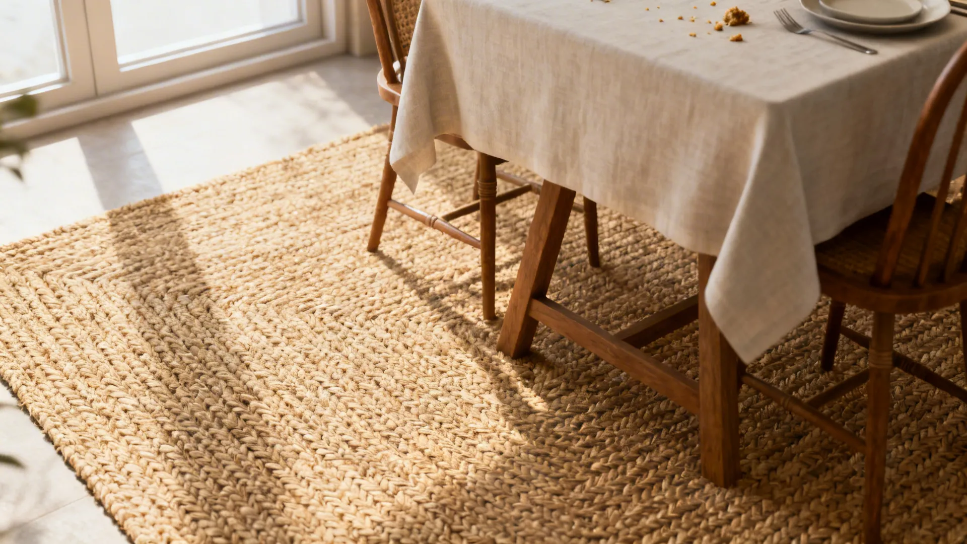 Dining table on a large textured rug with chairs partially on the rug to define the dining zone
