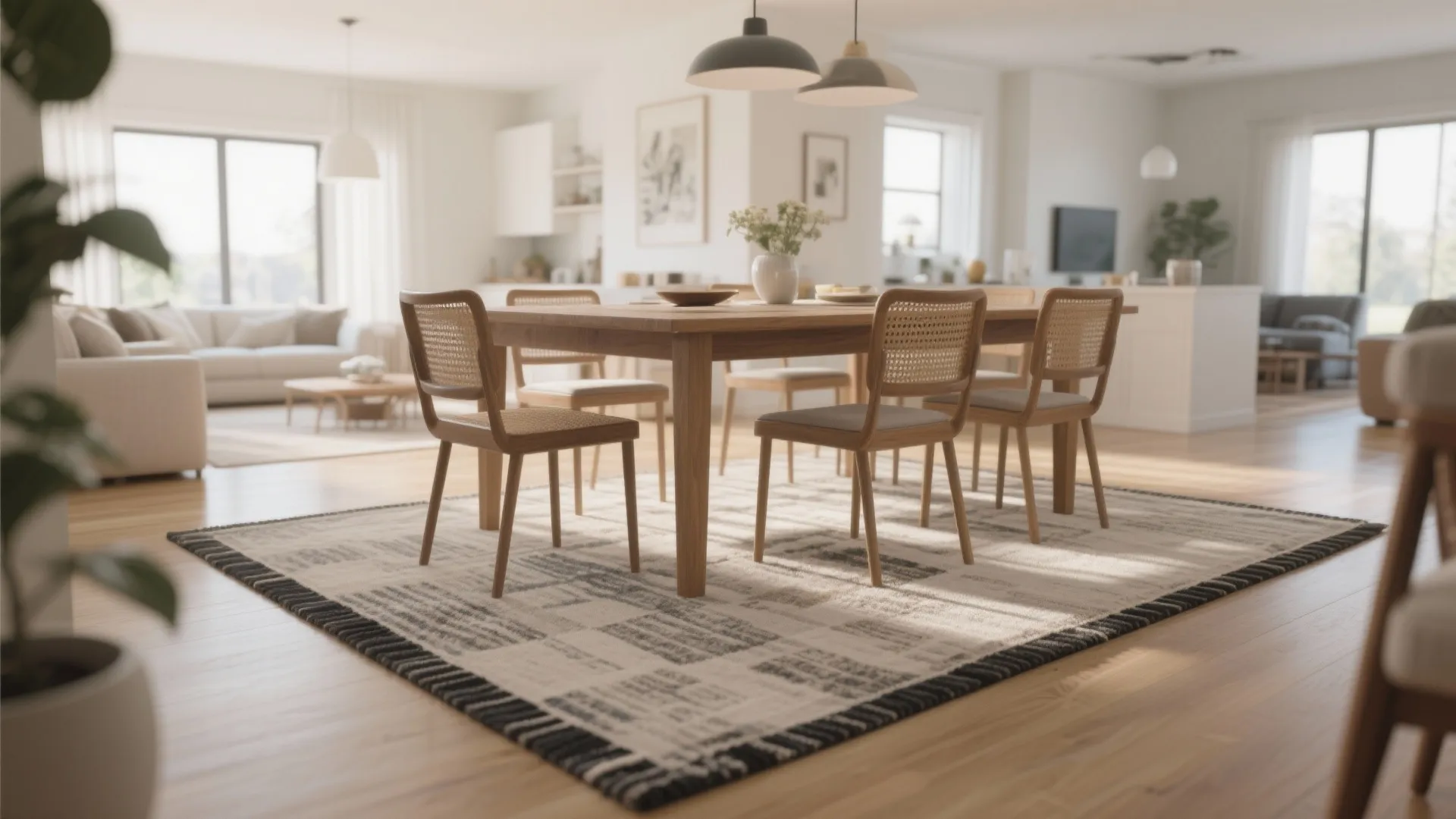 Dining area with rug anchoring table and chairs