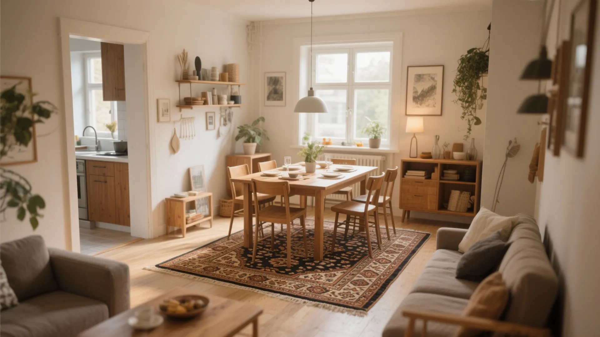 Vintage rug defining the dining area in open-plan space