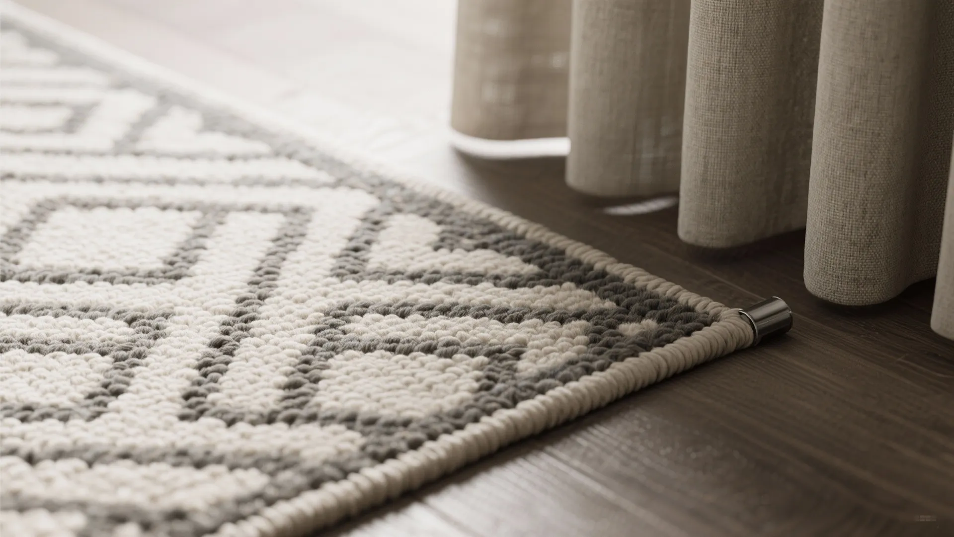 Close up view of grey patterned rug on dark wood floor with beige curtain background