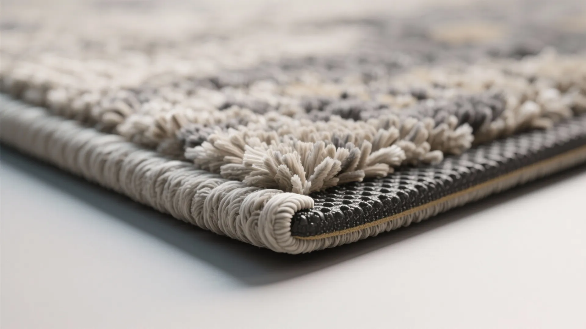 Close-up of rug edge with anti-slip pad and finished binding detail.