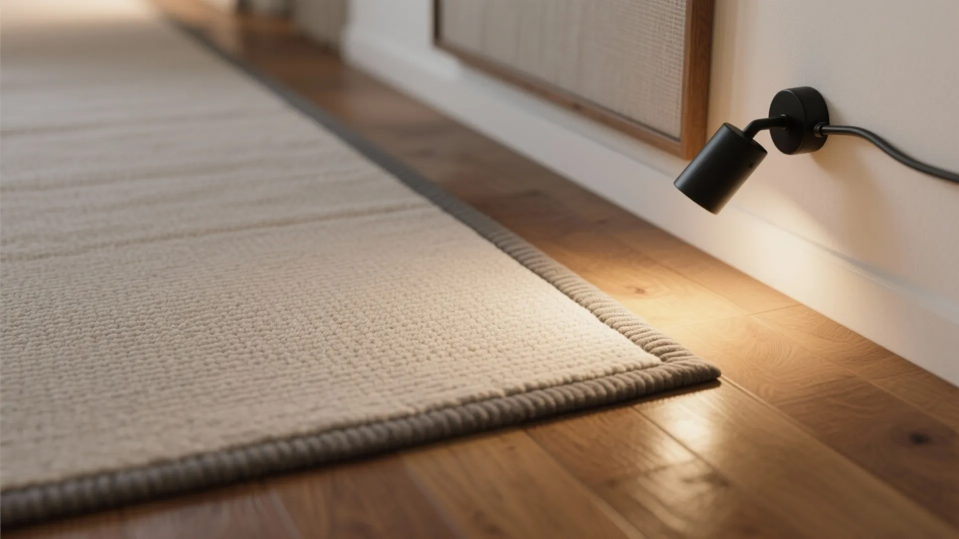 Beige rug on a wooden floor with a black wall light shining from the wall