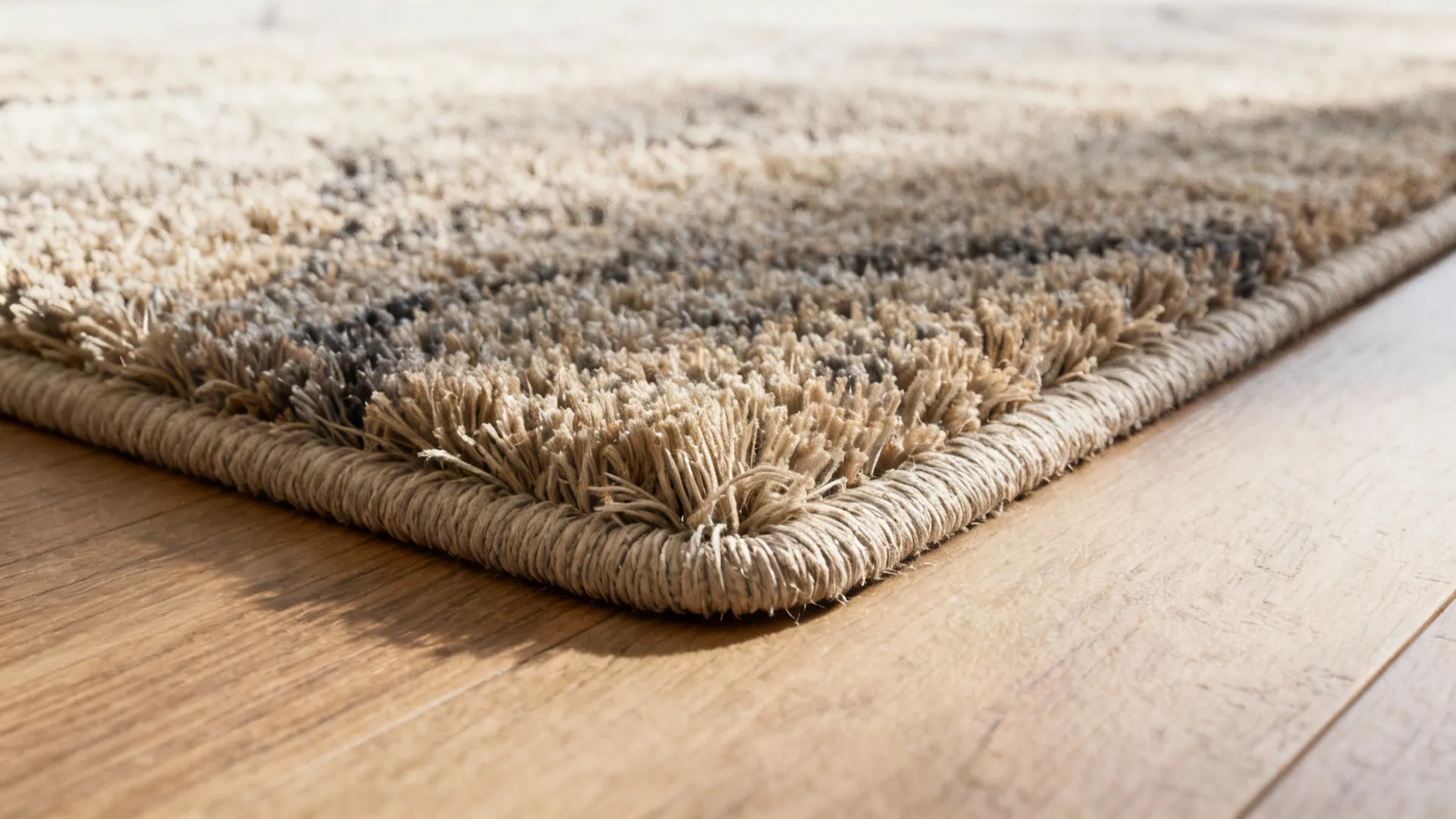 Close-up of a round rug edge showing low-pile texture and a 20–30cm bare floor margin.