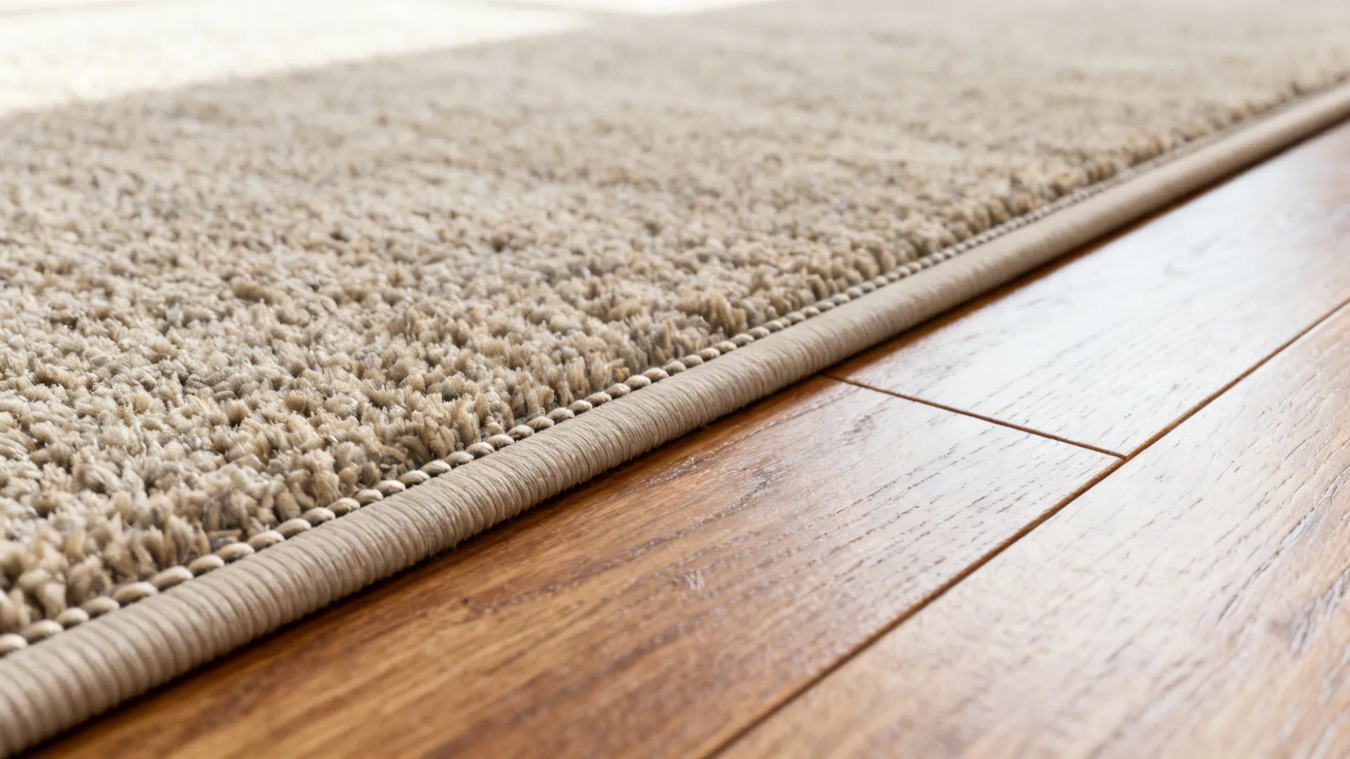 Close-up of a rug edge with visible hardwood floor showing recommended border spacing.
