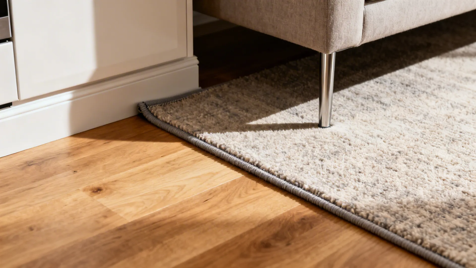 Close-up of a grey textured rug edge on light wooden floors next to white furniture