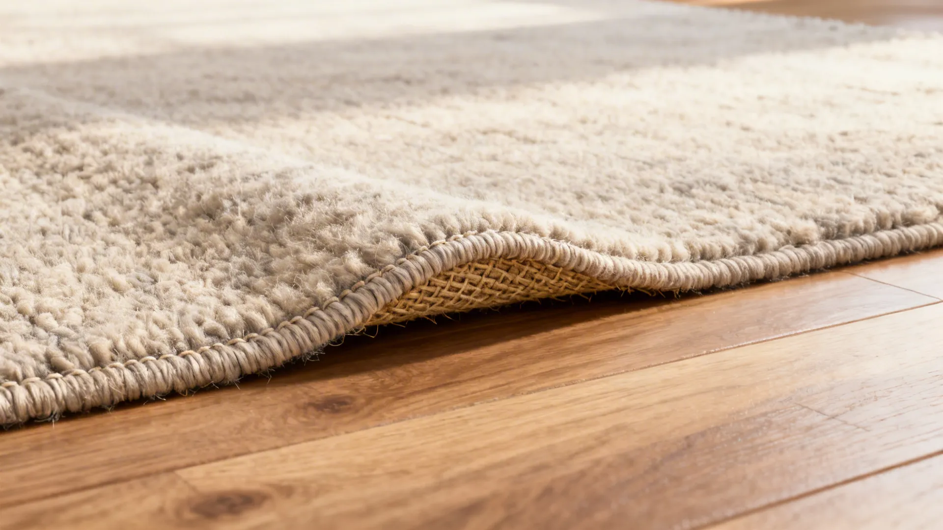 Close up of a beige rug corner showing the textured bottom layer on wood floor