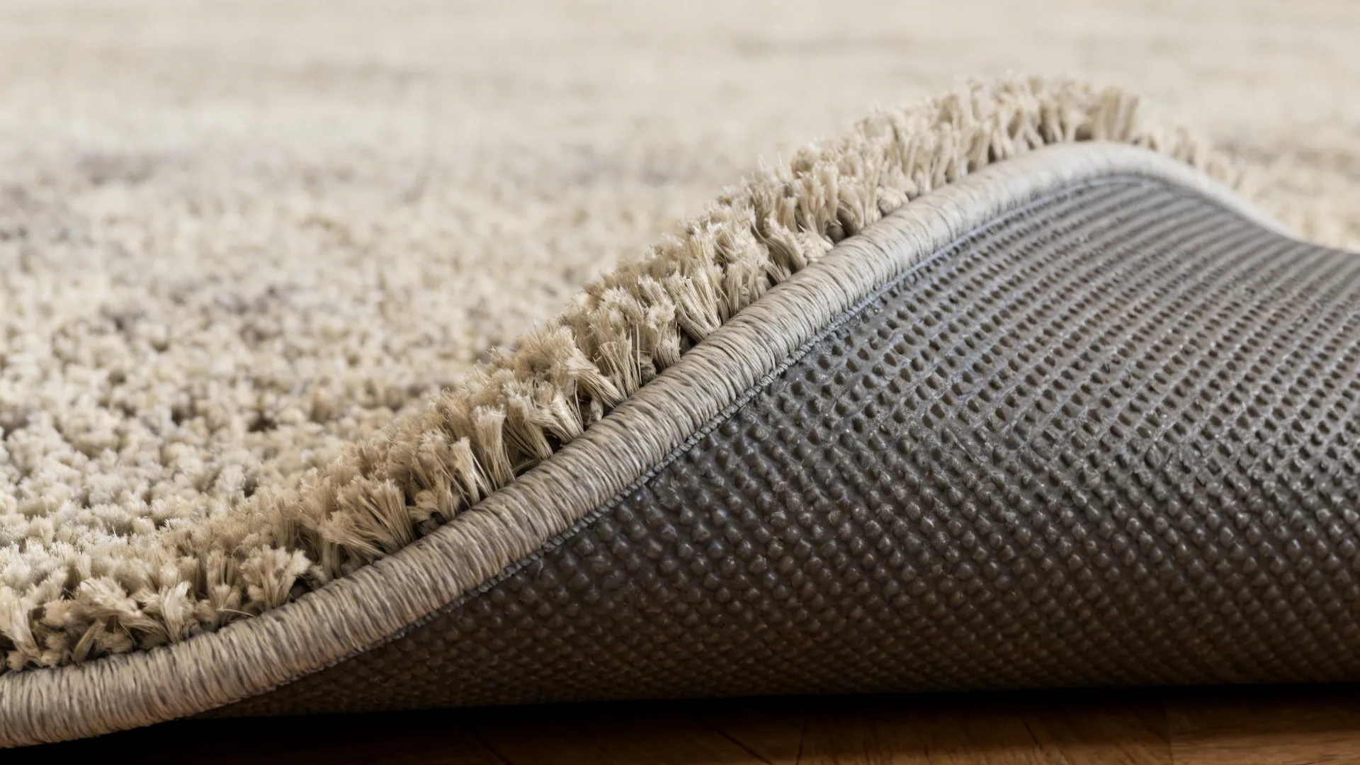 Rug edge detail showing anti-slip underlay and medium pile height.