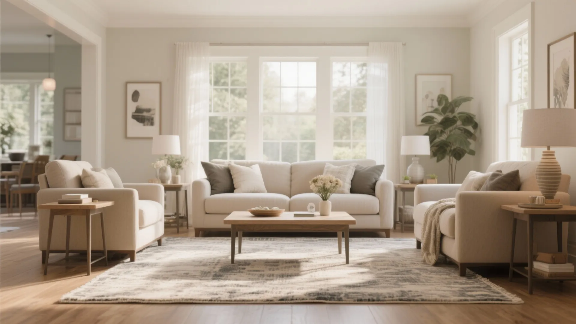 Bright living room with white sofas a large patterned rug wooden table and big windows