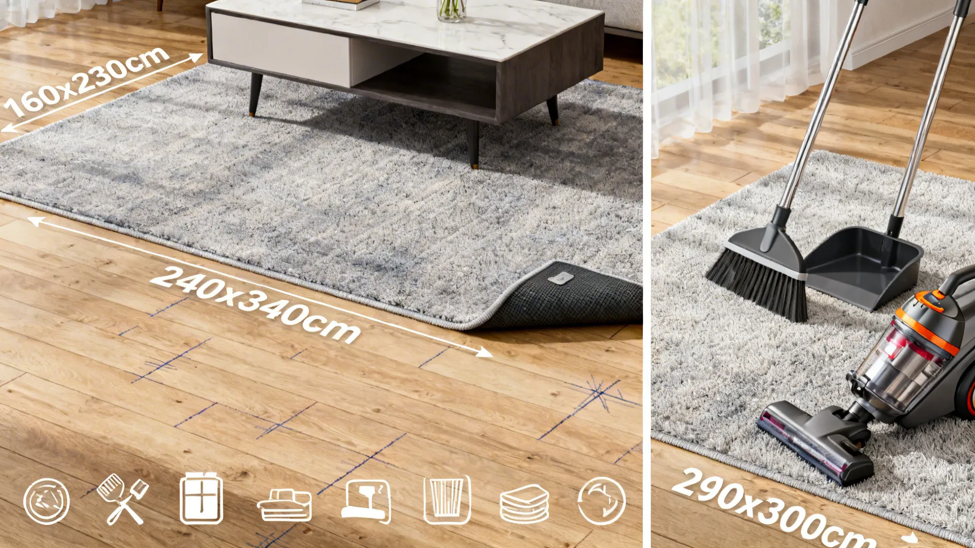 Collage showing rug size guides, under-coffee-table overhang, non-slip pad, and cleaning tools.