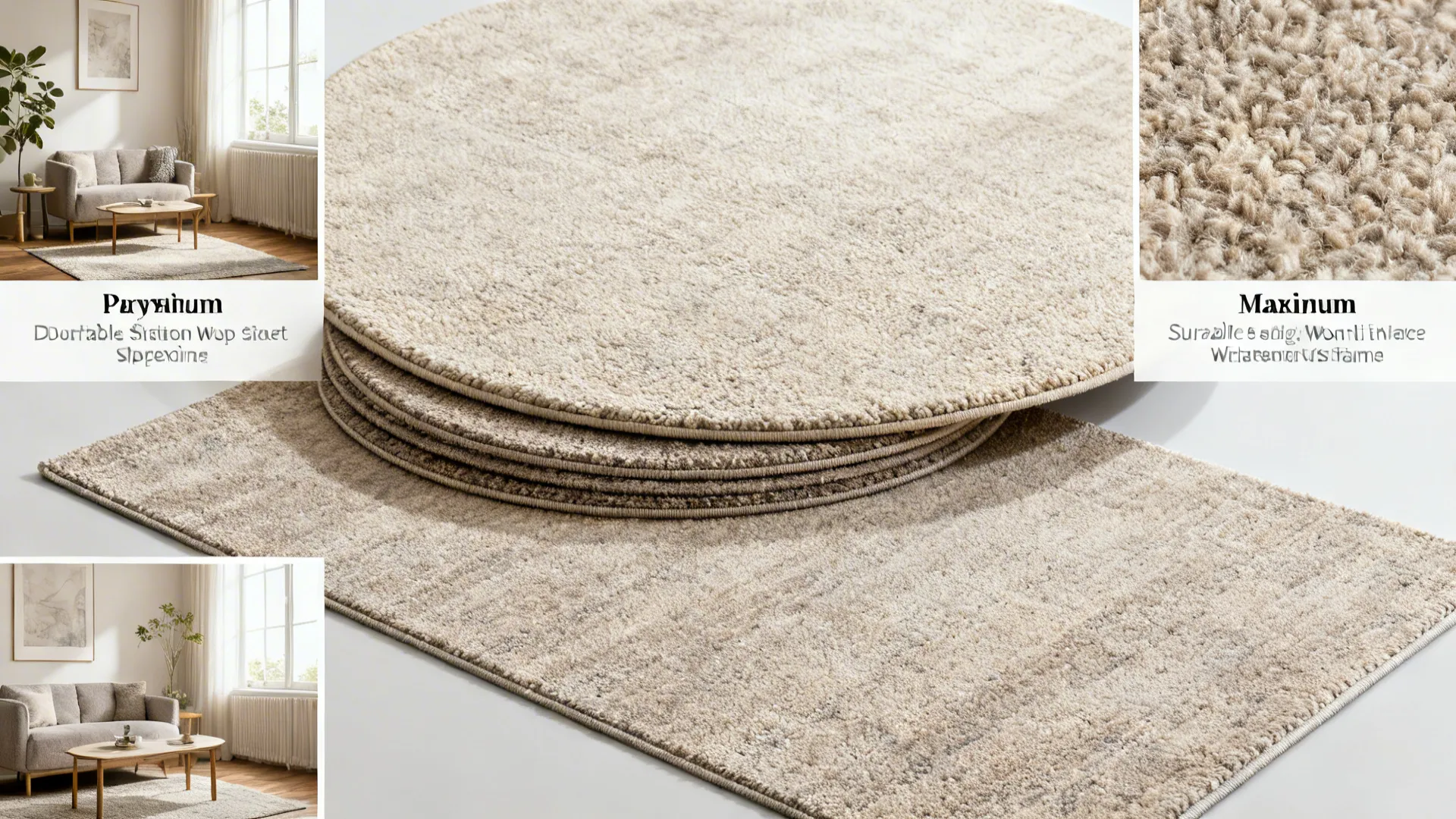 Collage showing round and rectangular beige rugs with living room scenes and close up texture