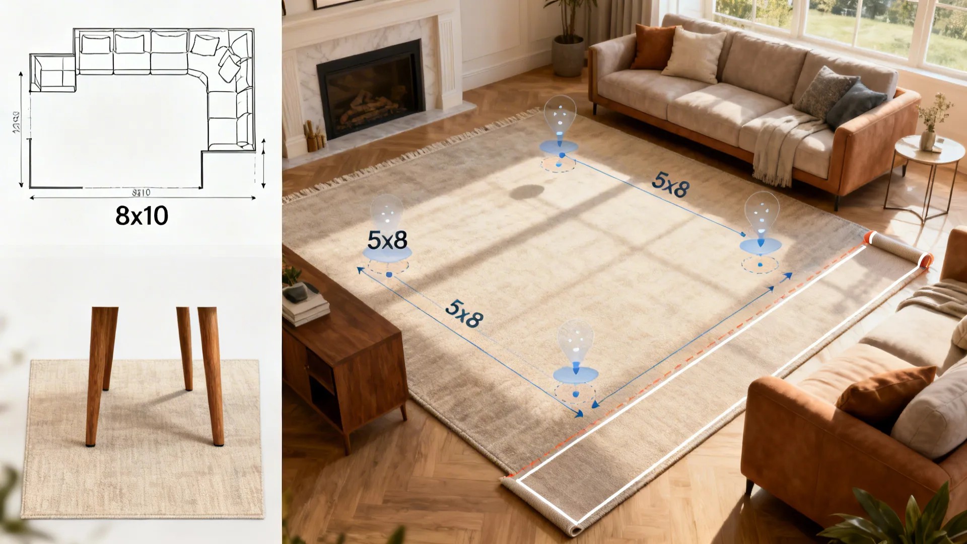 Collage of diagrams and photos showing recommended rug sizes and placements for sectionals
