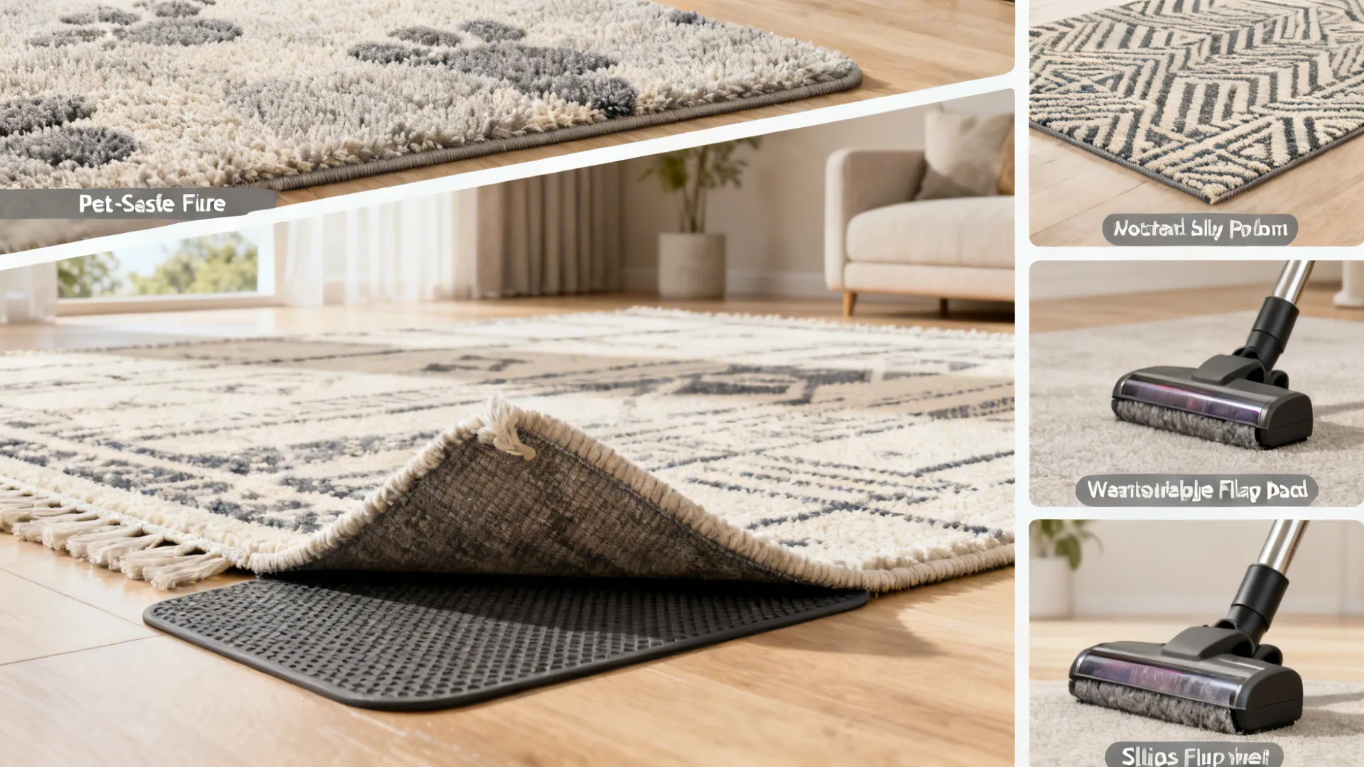 Collage of rugs and care items illustrating pet-safe options, non-slip pads, and maintenance