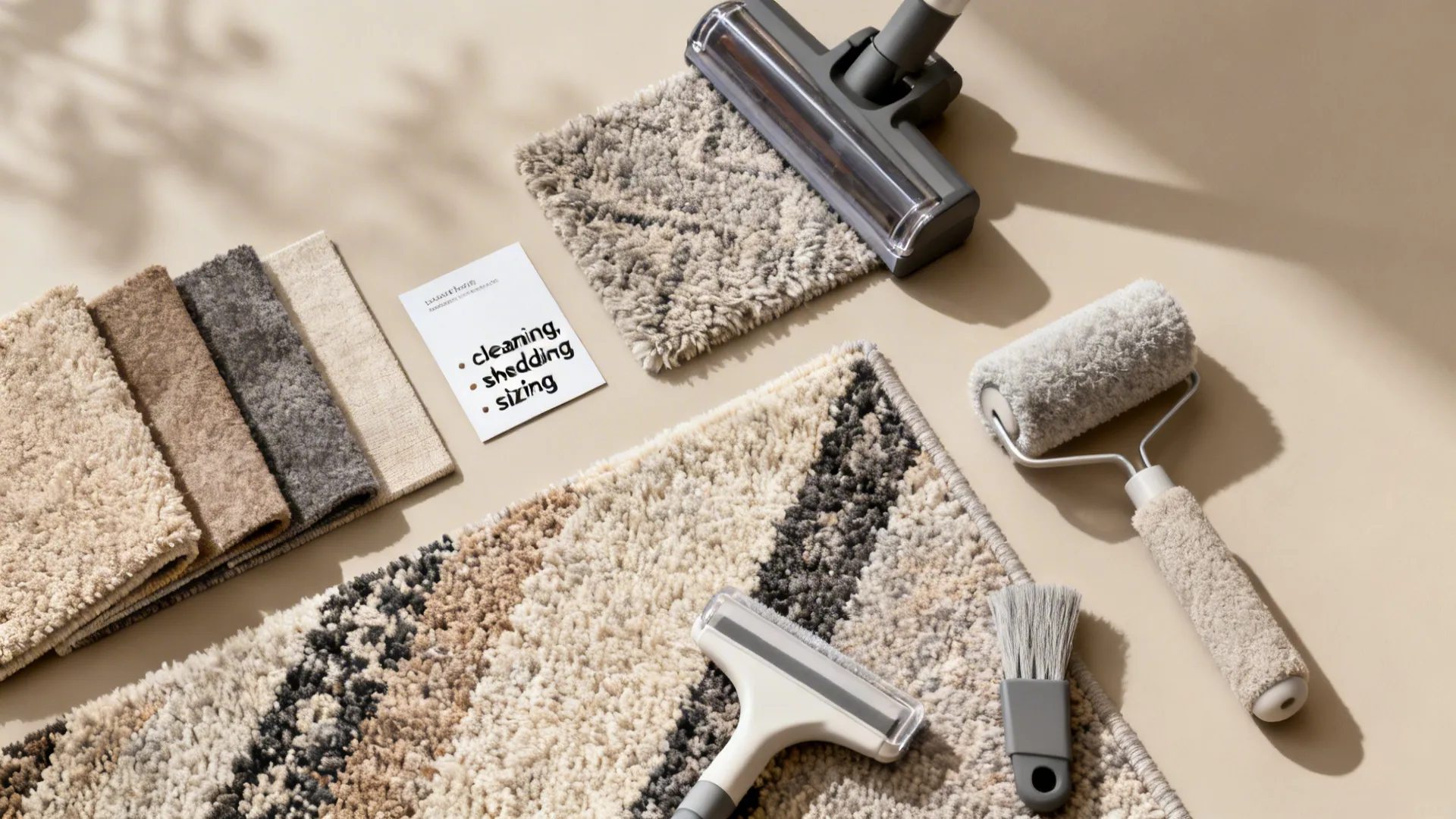 Flatlay collage of rug samples and cleaning tools illustrating common rug FAQs.