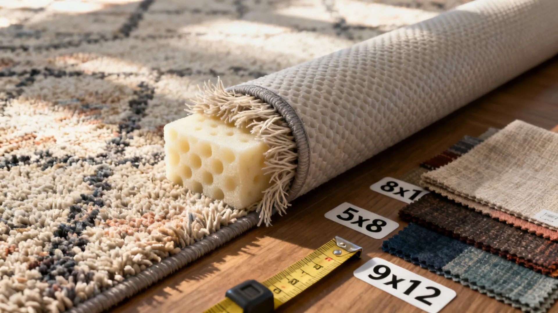 Close-up of rug edge, underlay, and swatches with measurement labels illustrating rug sizes and pad necessity.